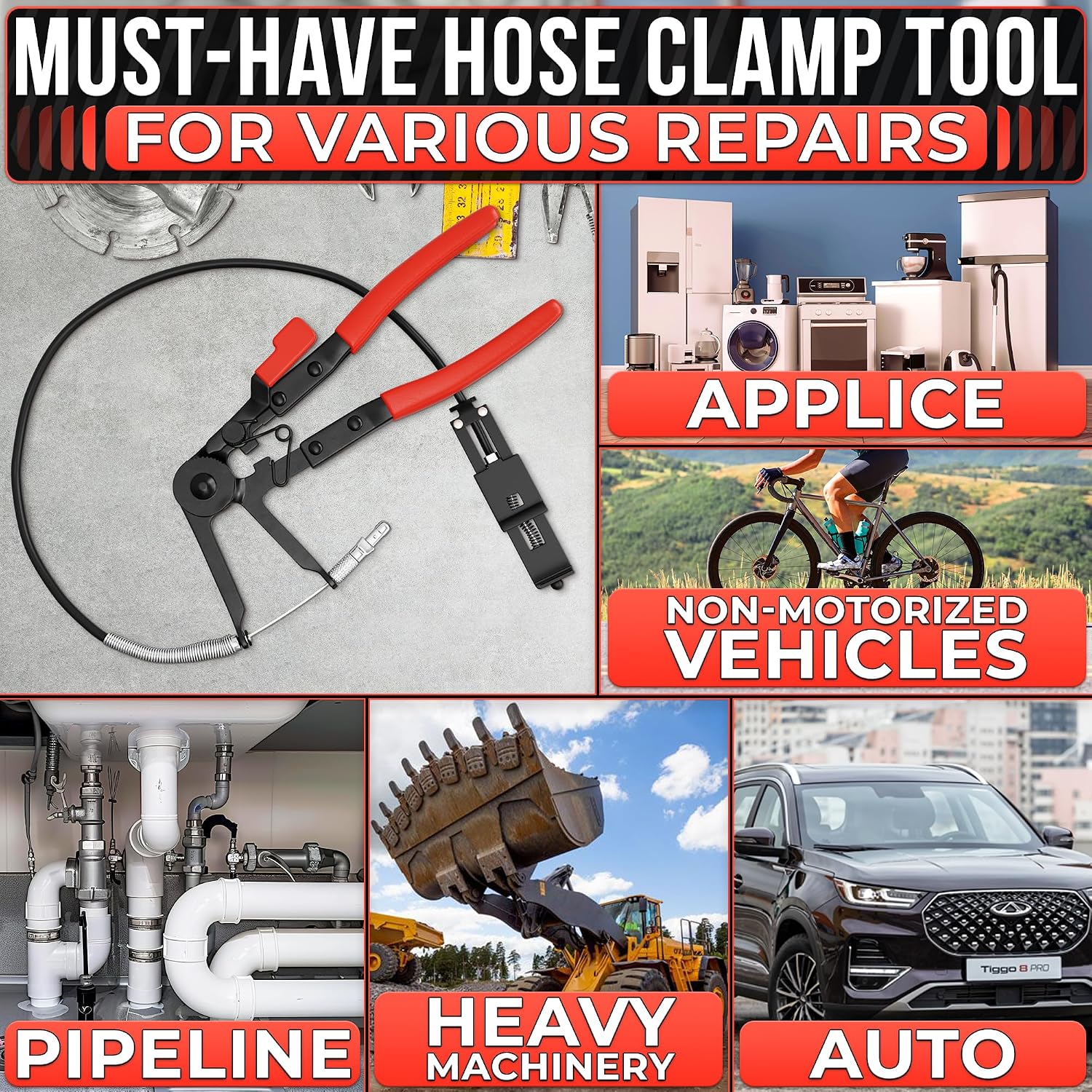 Flexible Hose Clamp Pliers, Fits 0.39"-1.97" Clamps, Carbon Steel Body | Radiator Hose Clamp Tool with Ratchet