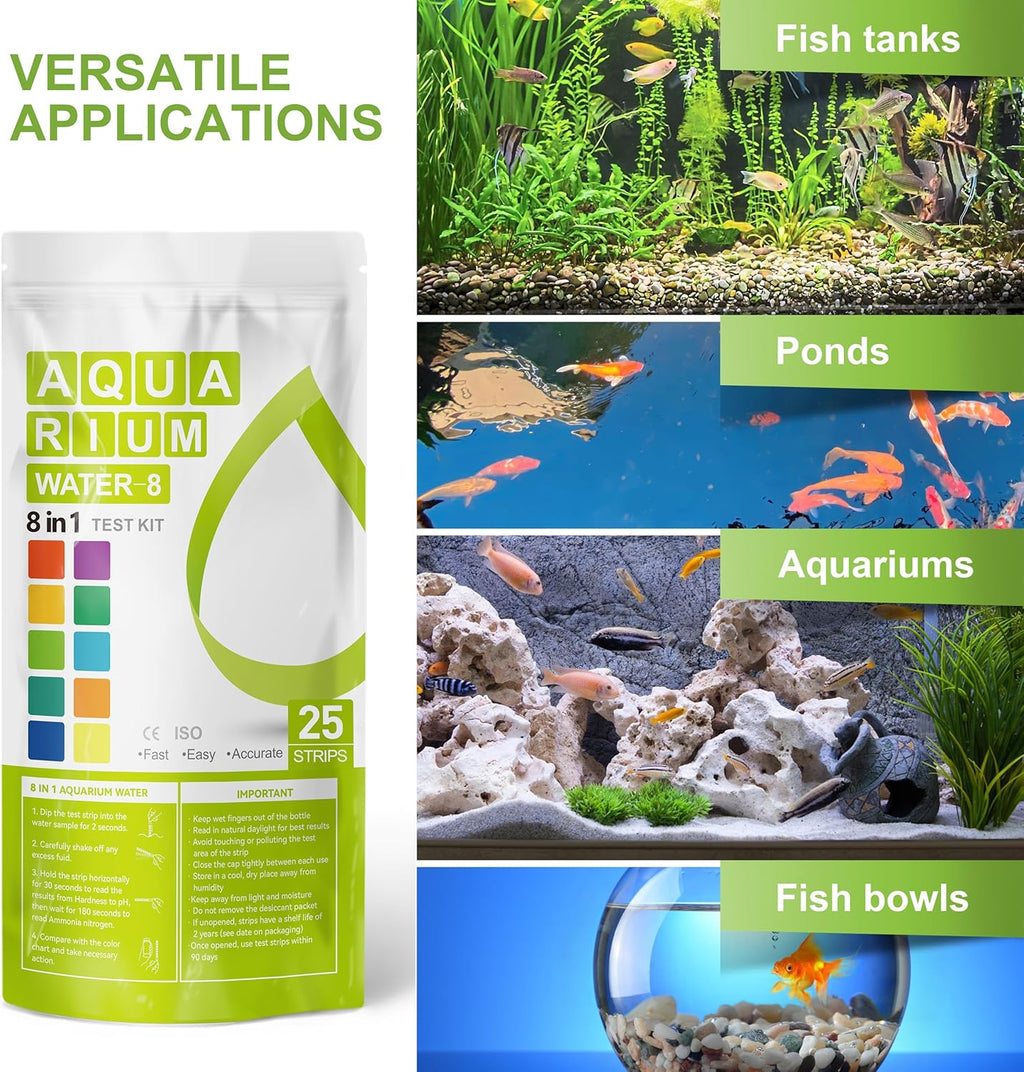 Aquarium Ammonia Test Strips 8-in-1 |25 Strips | Quick & Accurate Water Testing Test pH, Ammonia, Alkalinity