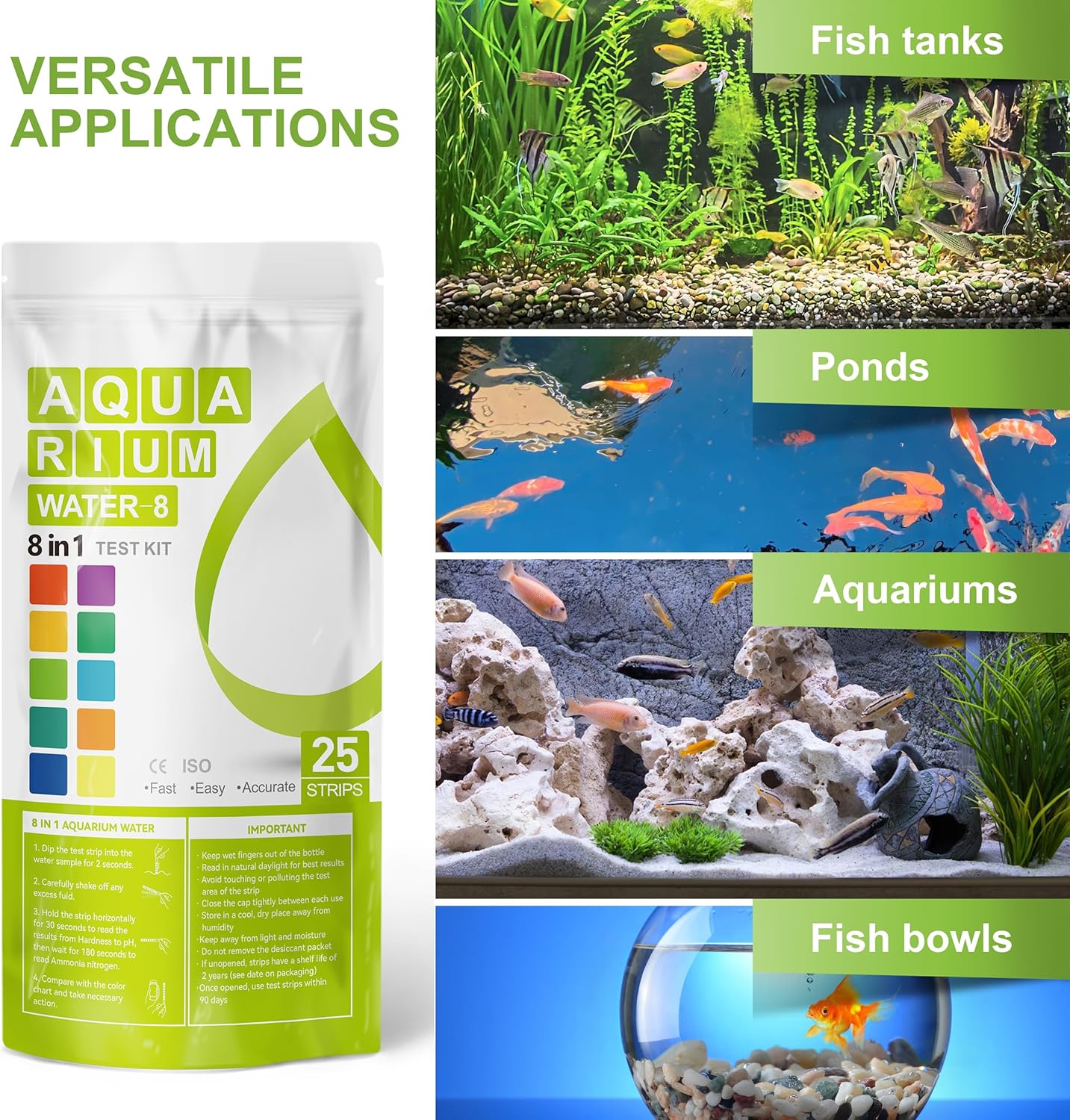 Aquarium Ammonia Test Strips 8-in-1 |25 Strips | Quick & Accurate Water Testing Test pH, Ammonia, Alkalinity