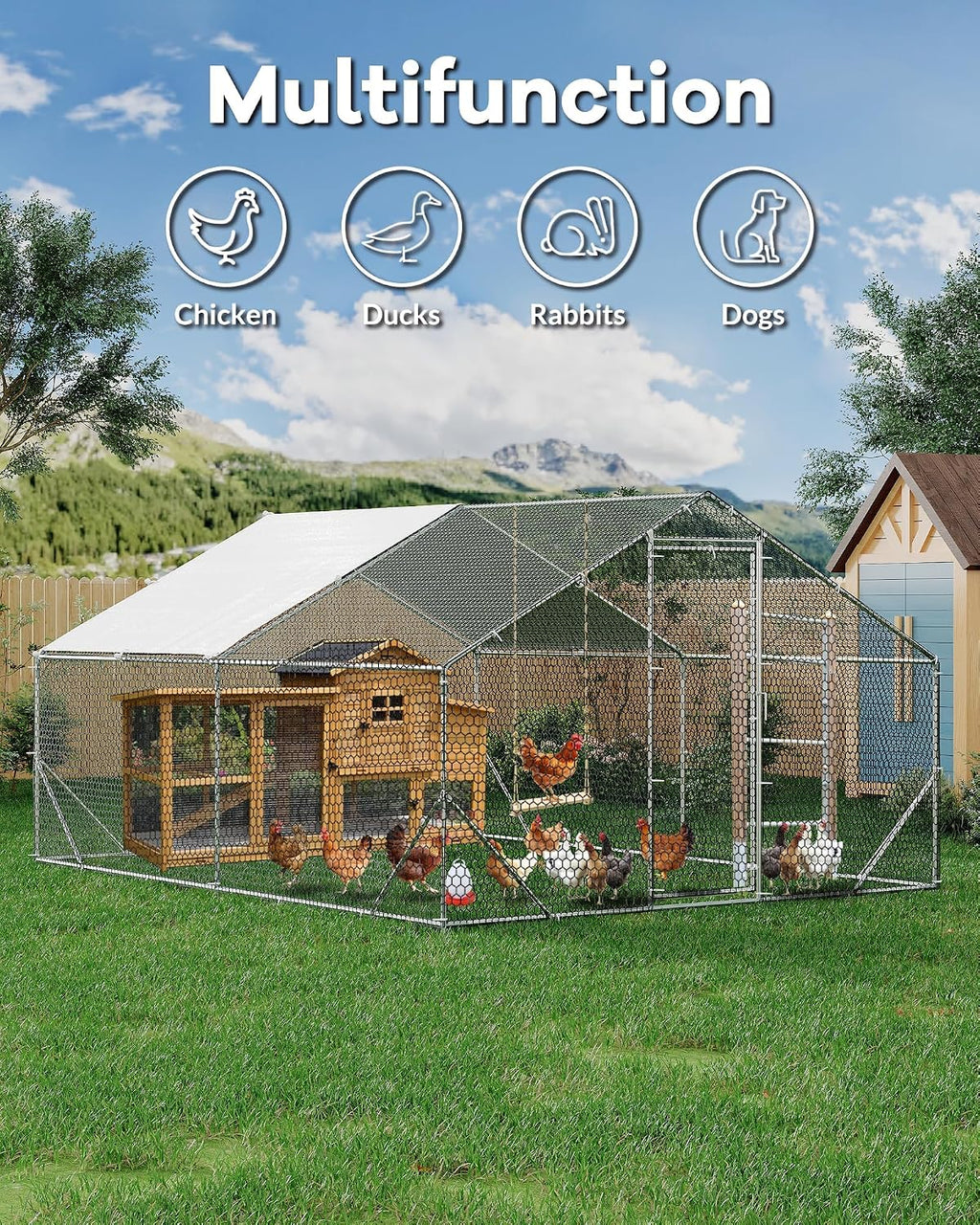 Large Metal Chicken Coop, Chicken Run for 20/30 Chickens, Outdoor Walk in Poultry Cage with Anti-UV Cover and