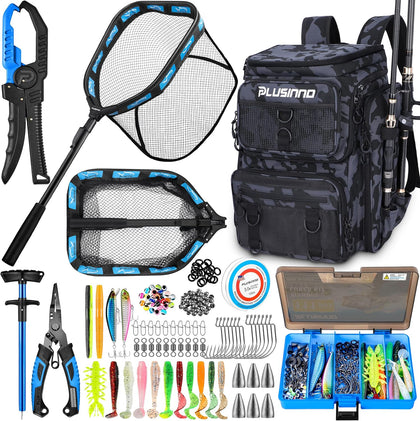 Fishing Backpack with Fishing Gear Fish Net & Rod Holders Tackle Box, 42L Large Water-resistant Tackle Bag Store