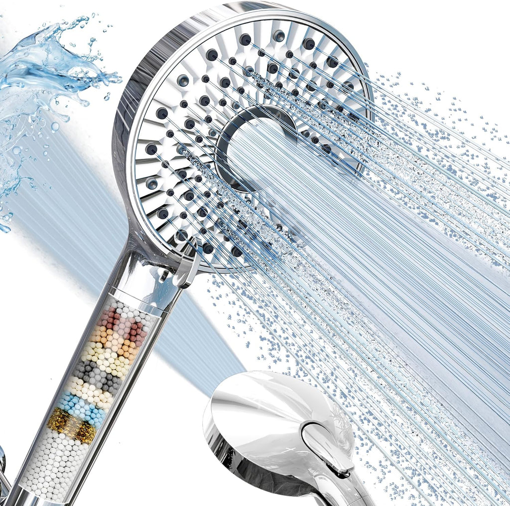 Filtered Shower Head with Handheld, 10-Mode Adjustable Detachable Chrome Showerhead w/Stainless Hose, Water Softener