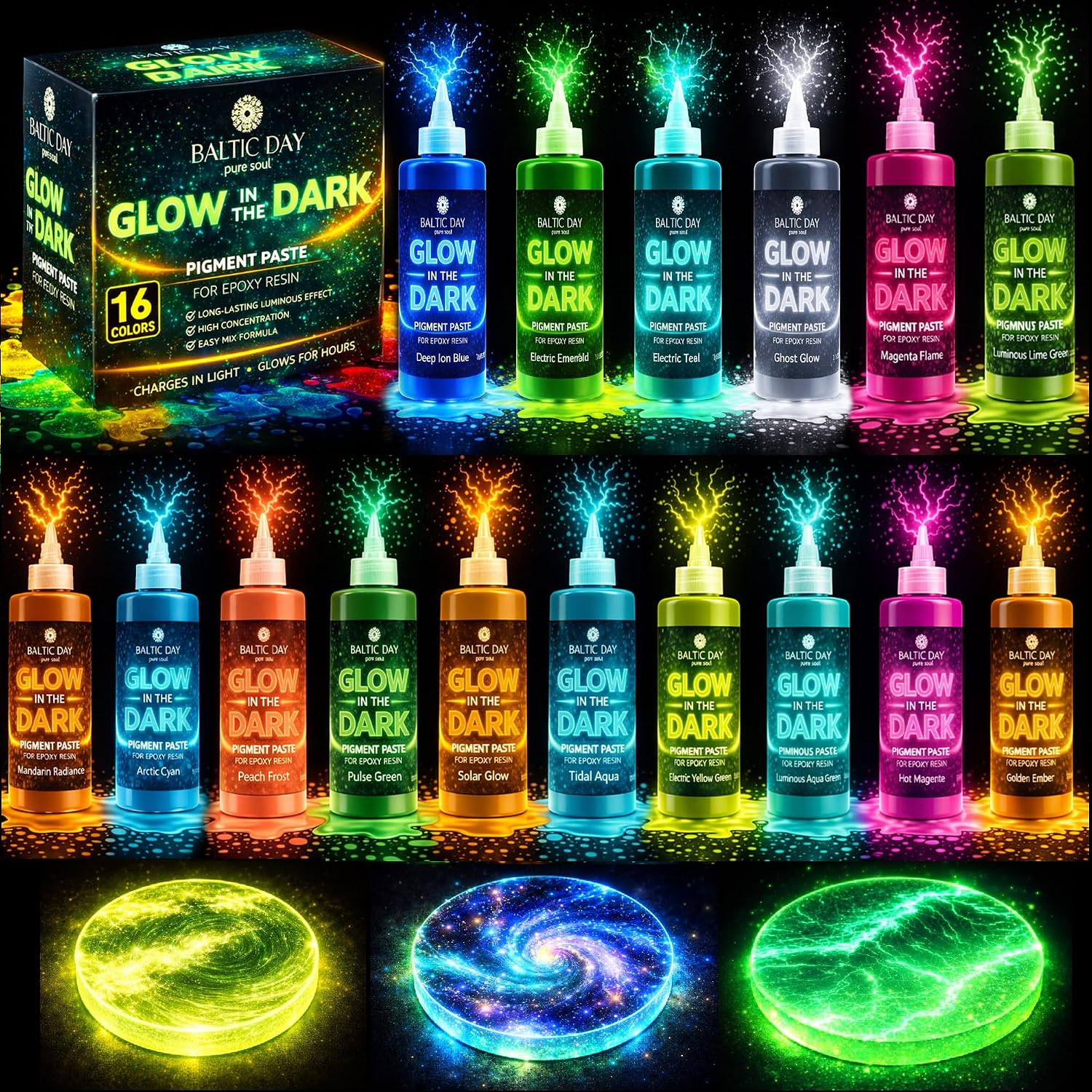 Glow in the Dark Pigment Paste for Epoxy Resin, 16 Colors, Ultra-Concentrated Resin Pigment Set, Long-Lasting Glow