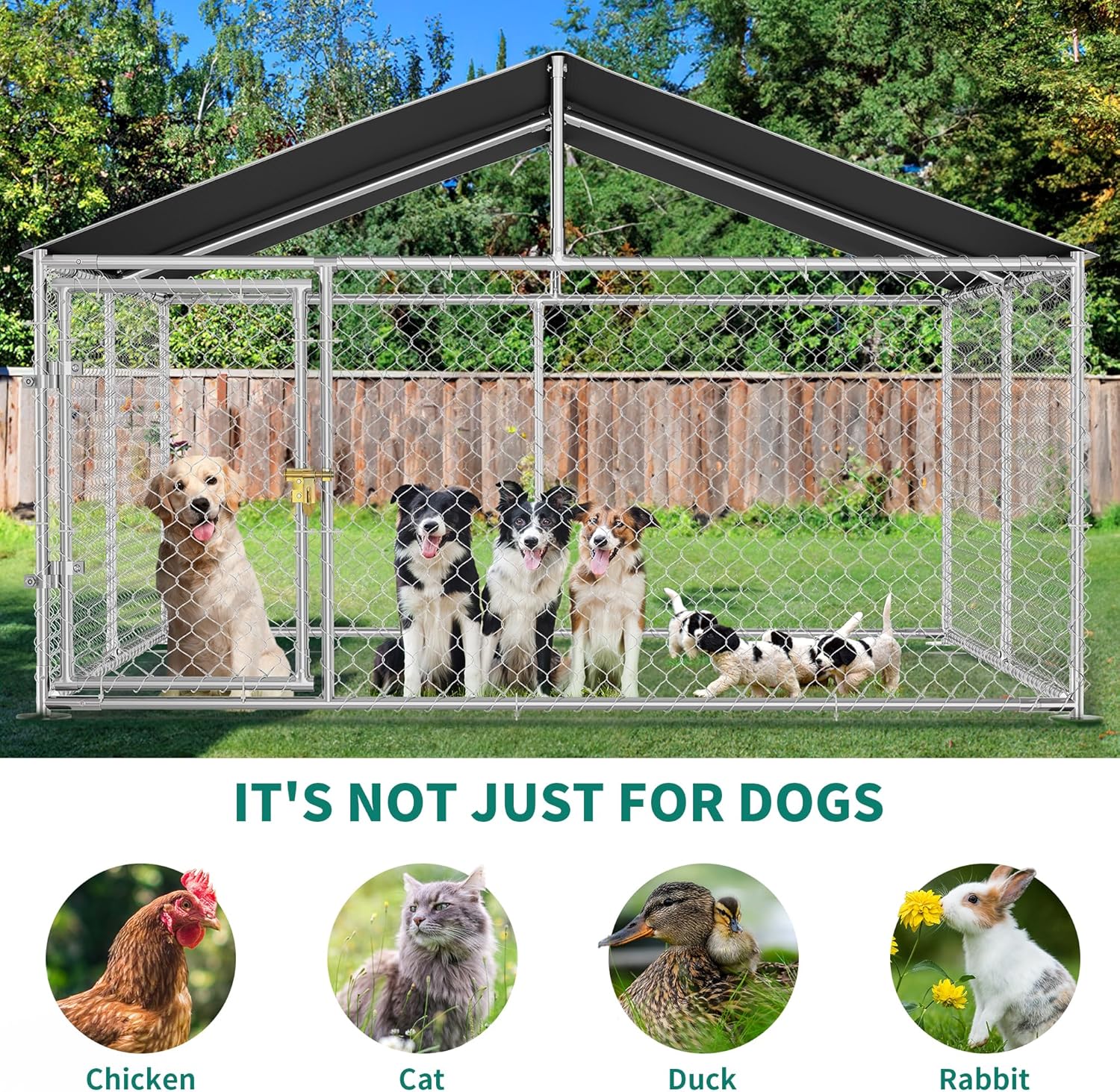 10'x10' Outdoor Dog Enclosure with Metal Dog Gate, Dog Kennel Outside with Roof, Dog Fence Outdoor for Yard