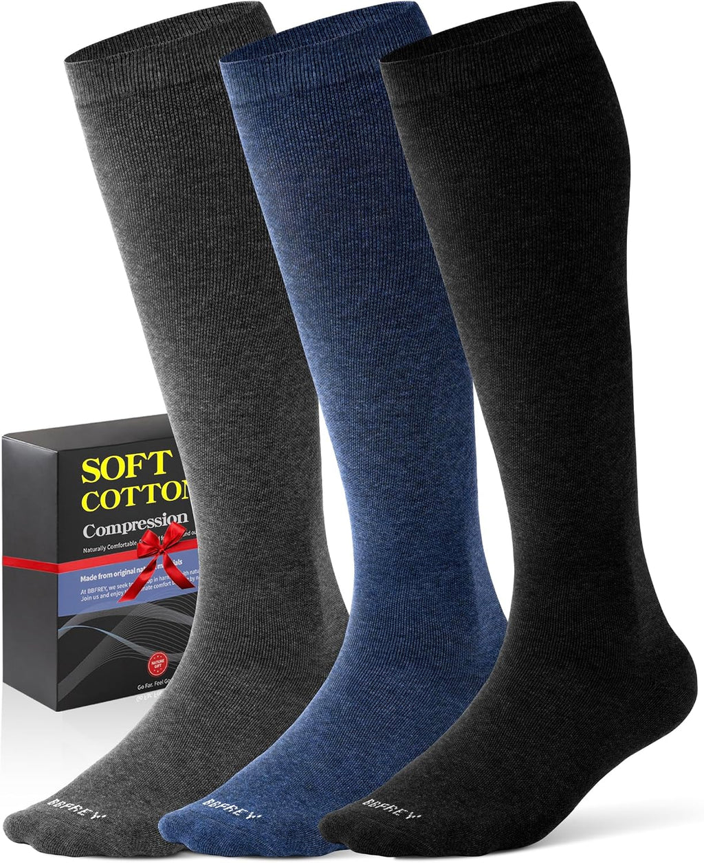 Men's Cotton Compression Socks 20-30 mmHg (3 Pairs) - Knee High Support for Circulation, Travel, Flying, Dress