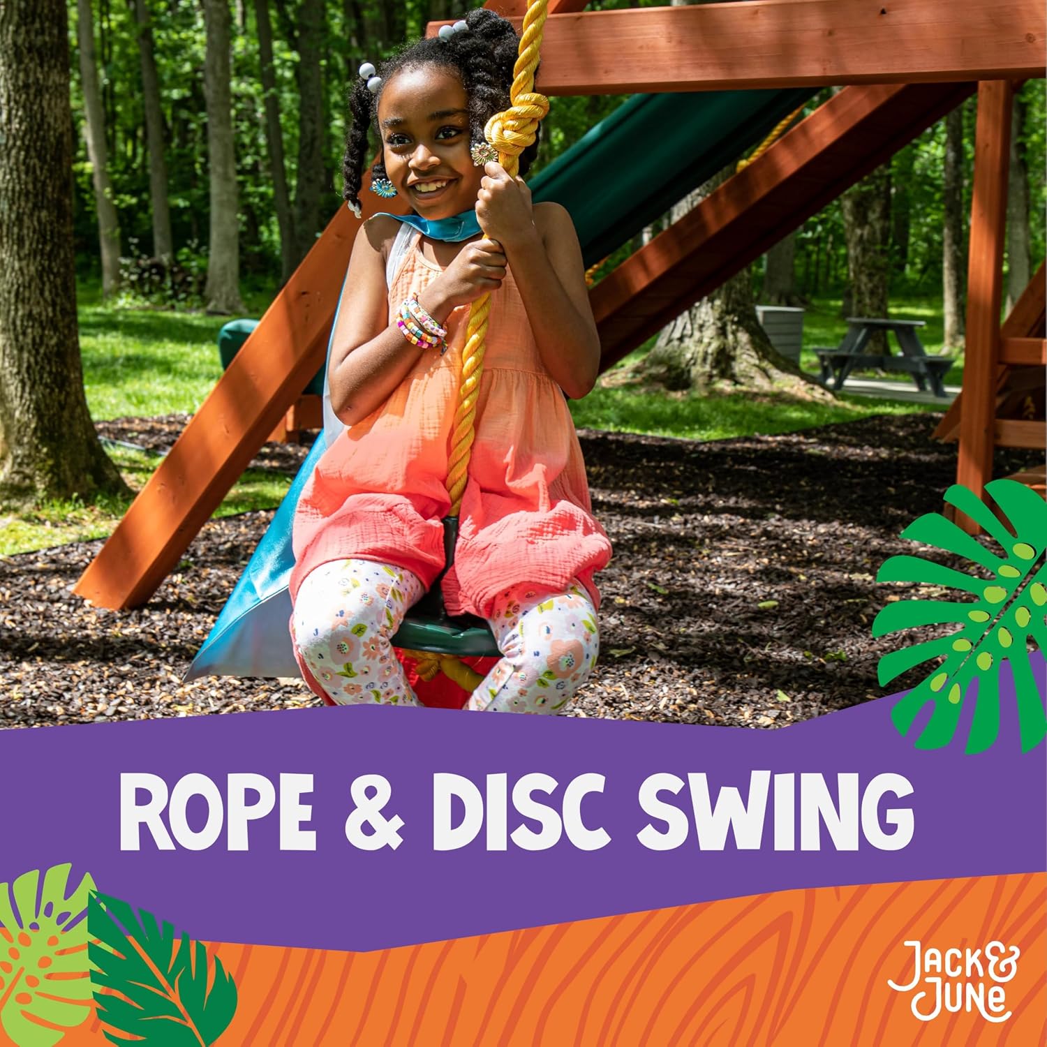 Green Playset Rope and Disc Swing with Leg Safety Protector and Fully Adjustable Rope