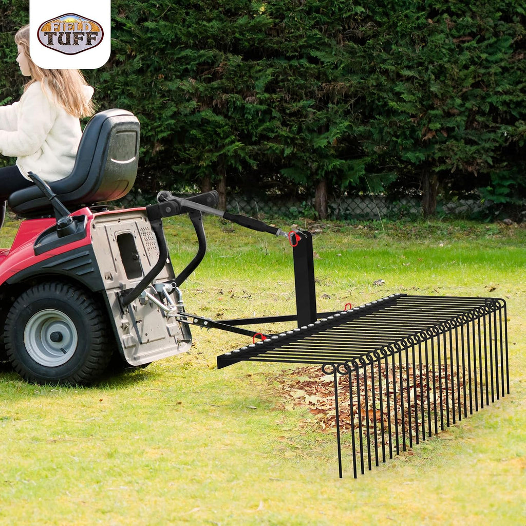 Steel Spring Coil Tine Tow Behind Landscape Rake for Leaves, Pine Needles, Straw, and Grass with 3 Point Hitch