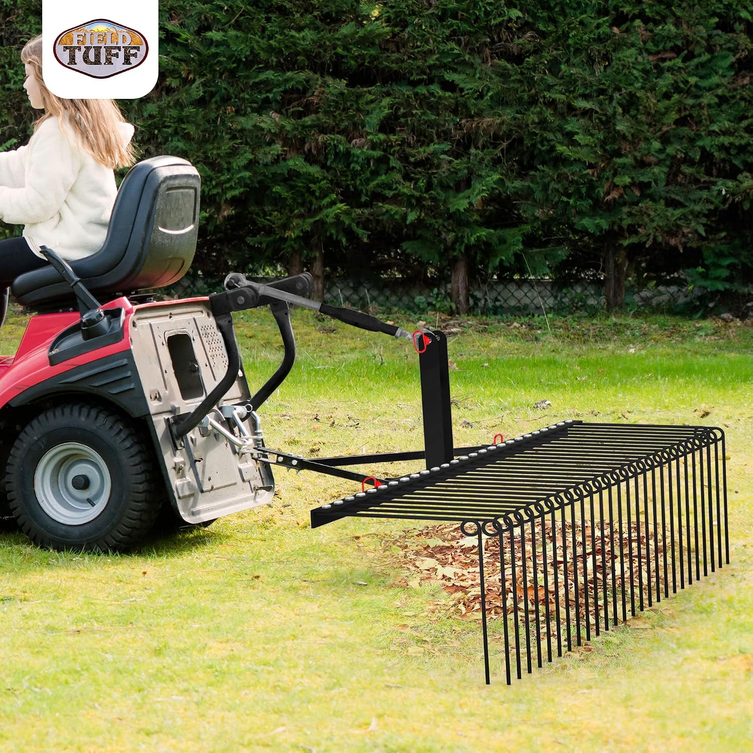 Steel Spring Coil Tine Tow Behind Landscape Rake for Leaves, Pine Needles, Straw, and Grass with 3 Point Hitch