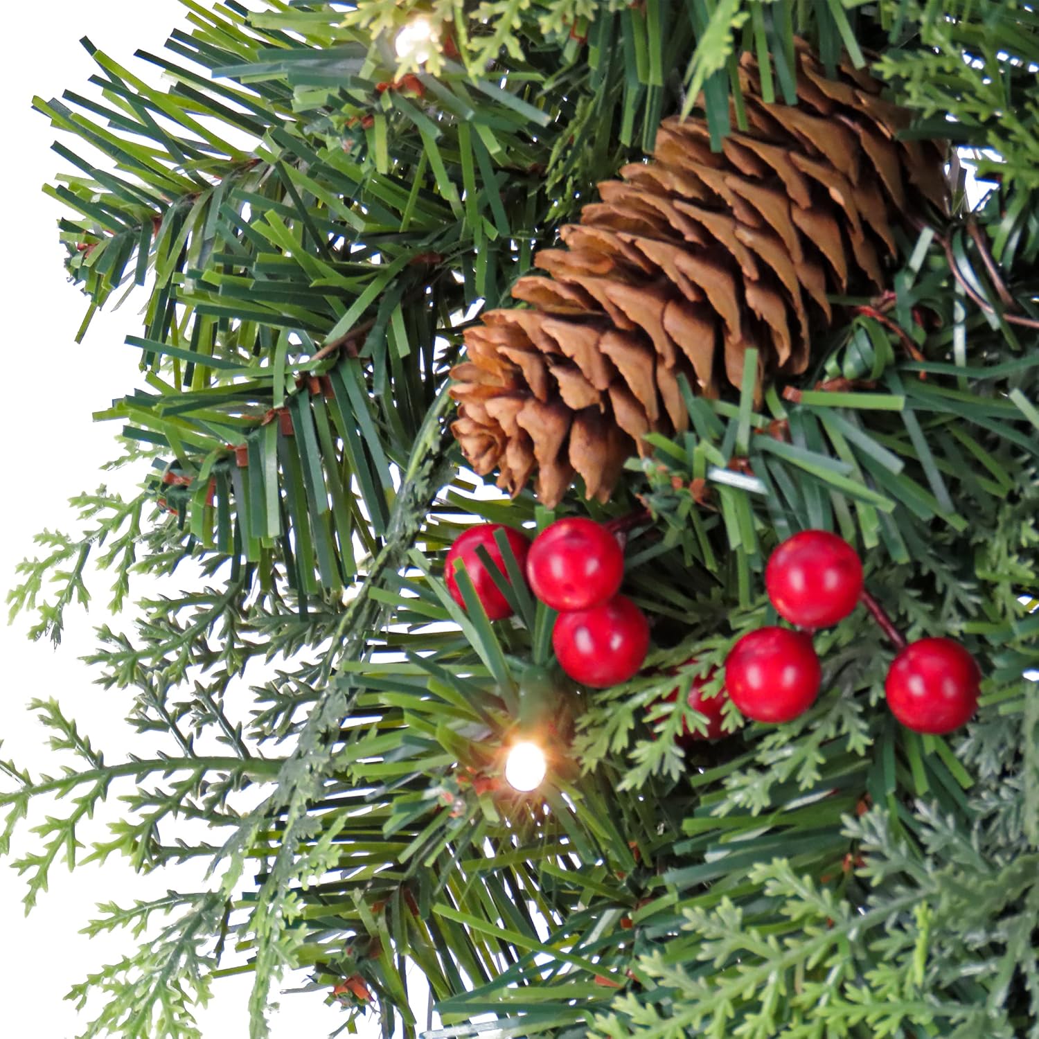 Pre-Lit Christmas Decoration Set | 1 Wreath, (2) 9ft Garlands, Decorated with Pinecones and Berries, Warm White LED