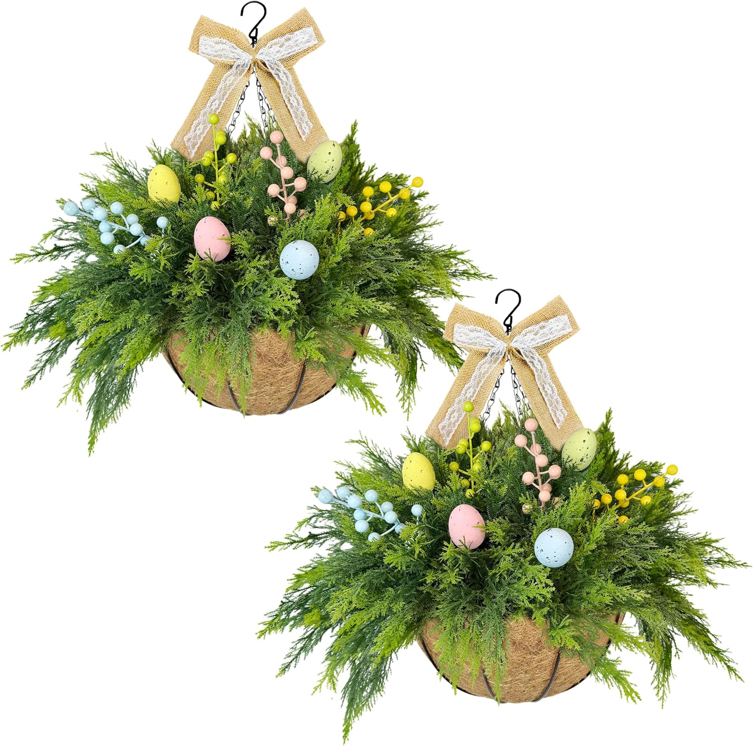 Set of 2 Easter Artificial Hanging Plant Flower Baskets, Fake Planter Hanging with 24 Pcs Cypress Leaves, Faux Ferns