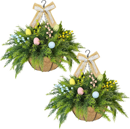 Set of 2 Easter Artificial Hanging Plant Flower Baskets, Fake Planter Hanging with 24 Pcs Cypress Leaves, Faux Ferns