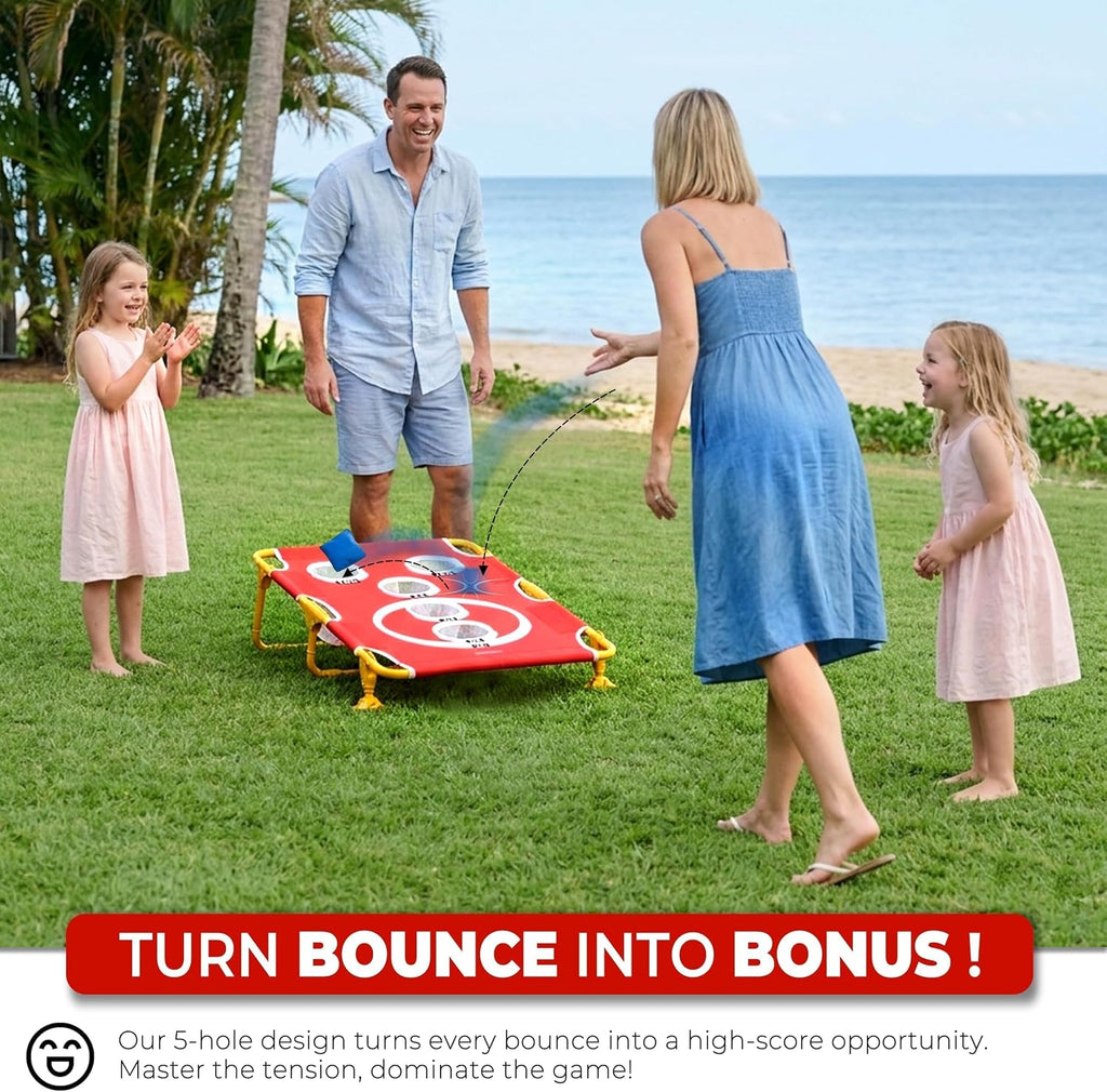Foldable Cornhole Game Set Portable Bean Bag Toss for Family Tailgate & Beach - Metal Frame 5-Hole Arcade Style with