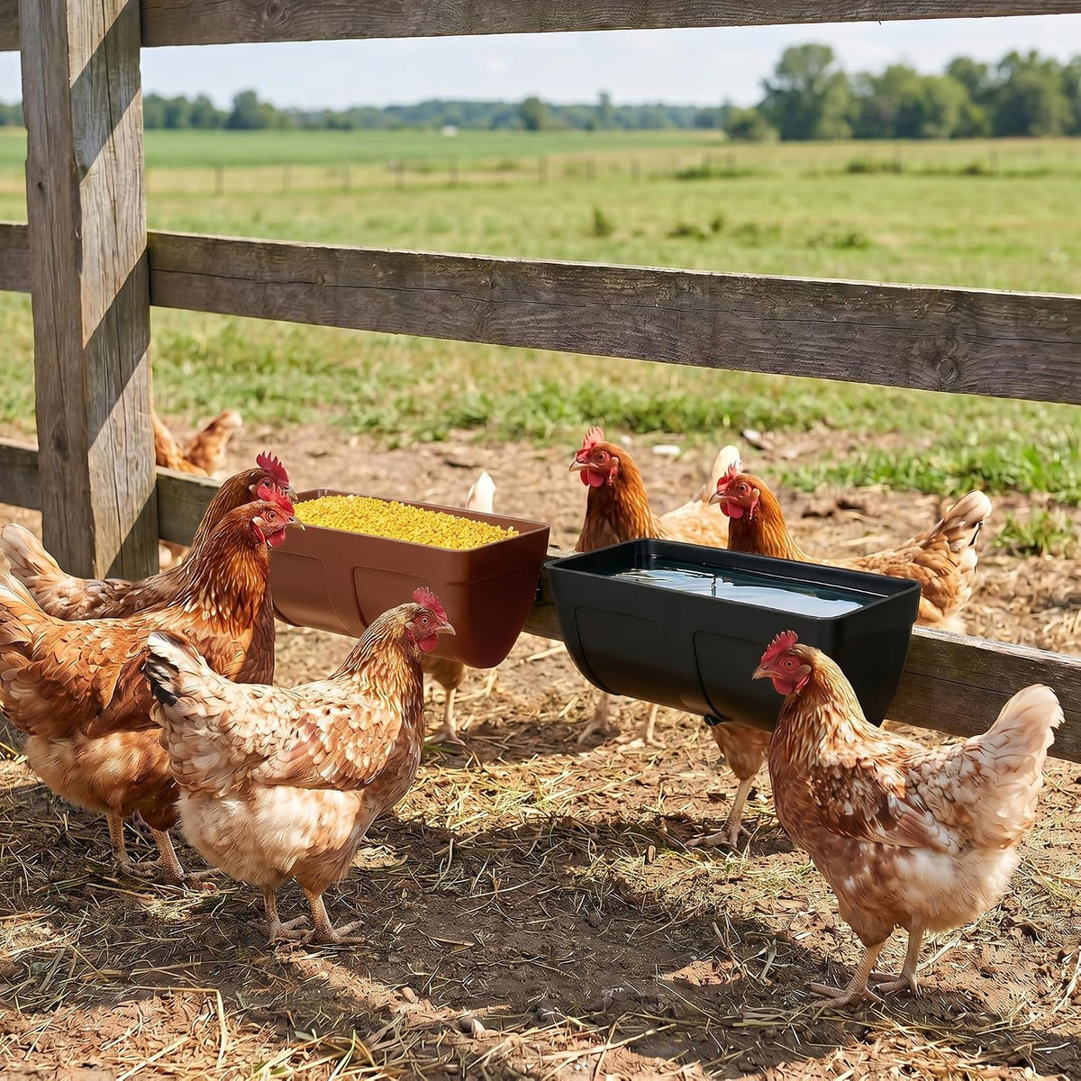 Hanging Chicken Feeder Waterer Heavy Duty BPA-Free Plastic Feed Trough, Fence Mount Livestock Feeding Bucket