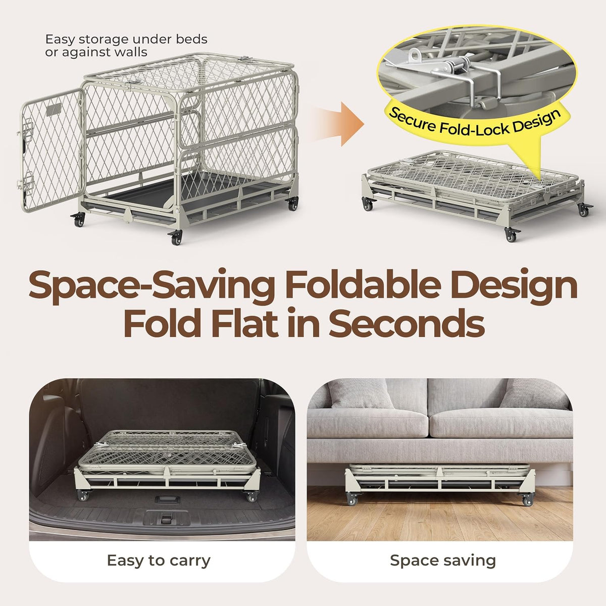 36 Inch Collapsible Dog Crate for Small Dogs, Foldable Metal Dog Kennel with Reinforced Diamond Wire Mesh, Escape