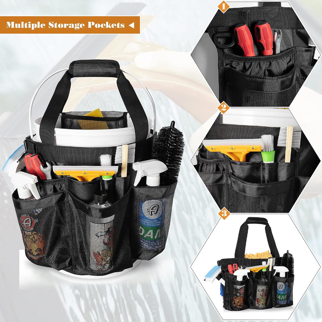 5 Gallon Bucket Organizer with Anti-fall Hooks & Buckle, Car Wash Bucket Caddy with Mesh Pockets, 5 Gallon Cleaning