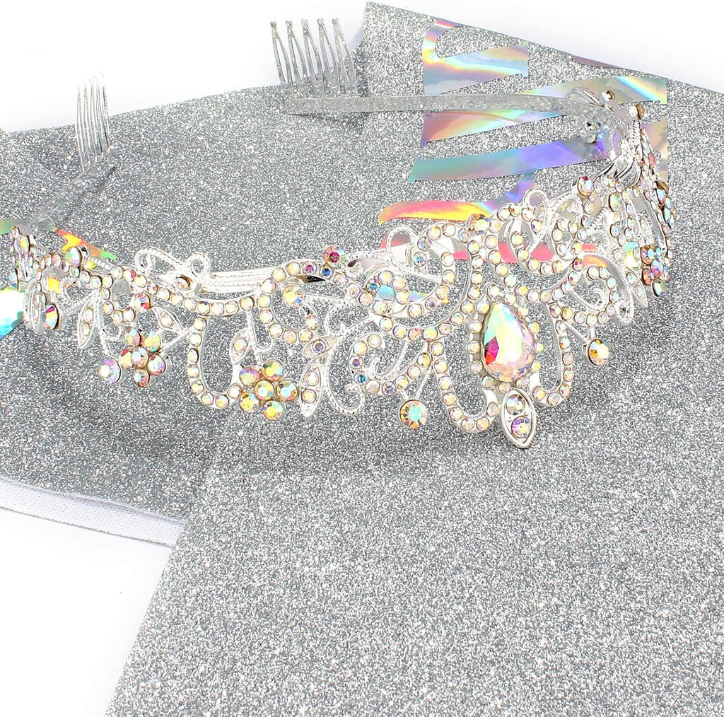 Birthday Sash & Tiara Set - Aurora Borealis Rhinestone Tiara + Silver Sash for Women's Birth Party Decoration Kit