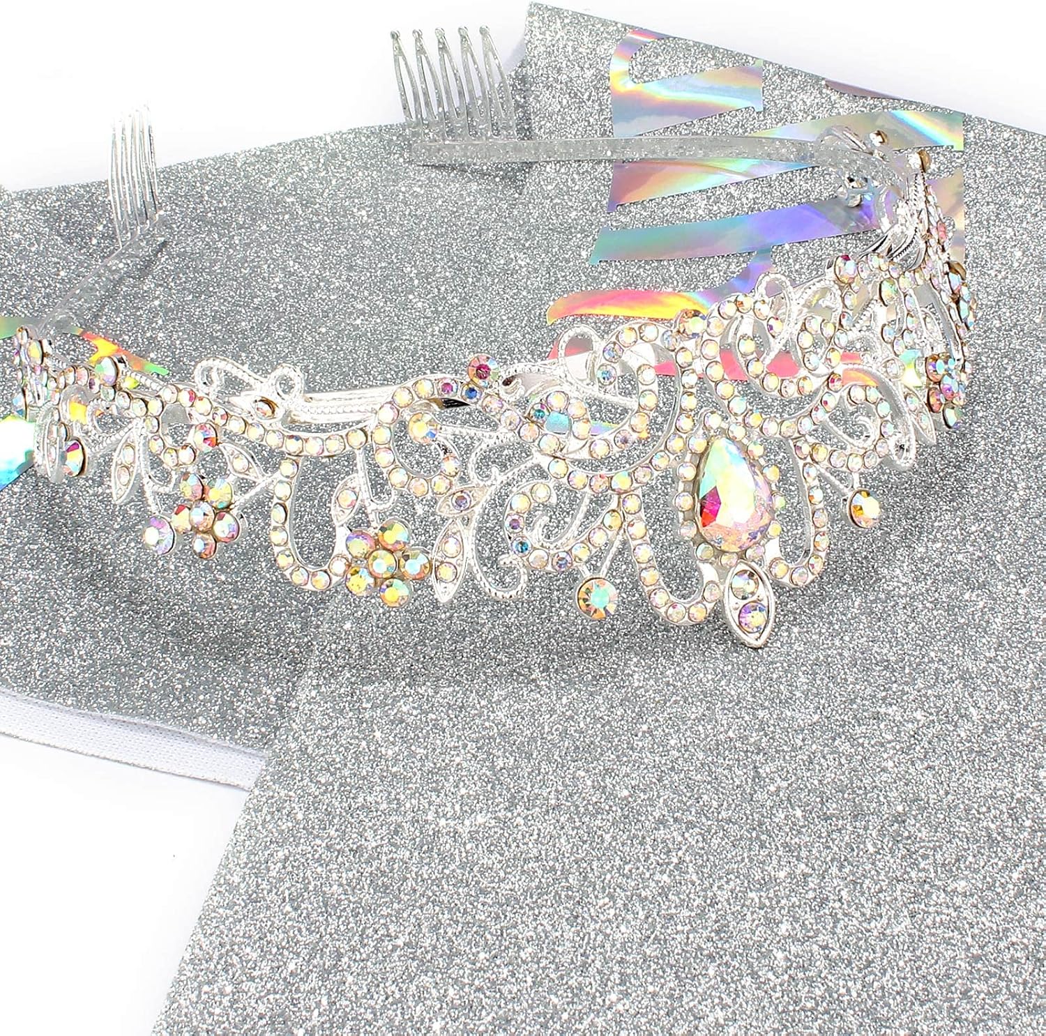 Birthday Sash & Tiara Set - Aurora Borealis Rhinestone Tiara + Silver Sash for Women's Birth Party Decoration Kit