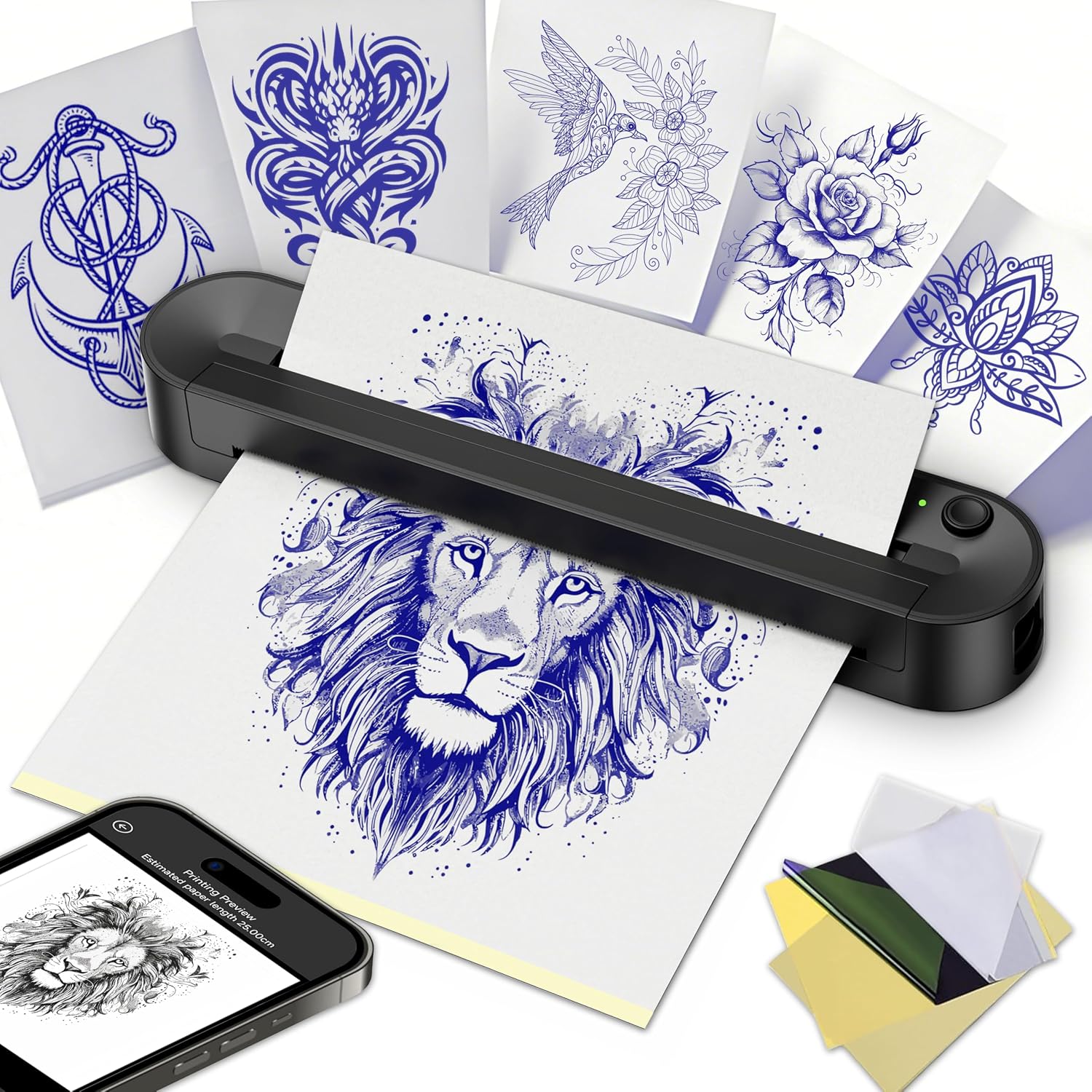 Tattoo Stencil Printer, Bluetooth Stencil Printer, Support Custom Print Sizes A4-A10, Wireless Tattoo Machine with 10
