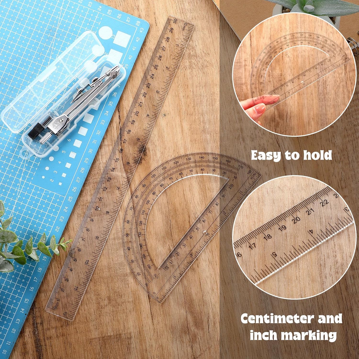 3 Pcs Plastic Ruler 6 Inch Protractor Drawing Compass Set, Student Geometry Math Transparent Measuring Tools for Home