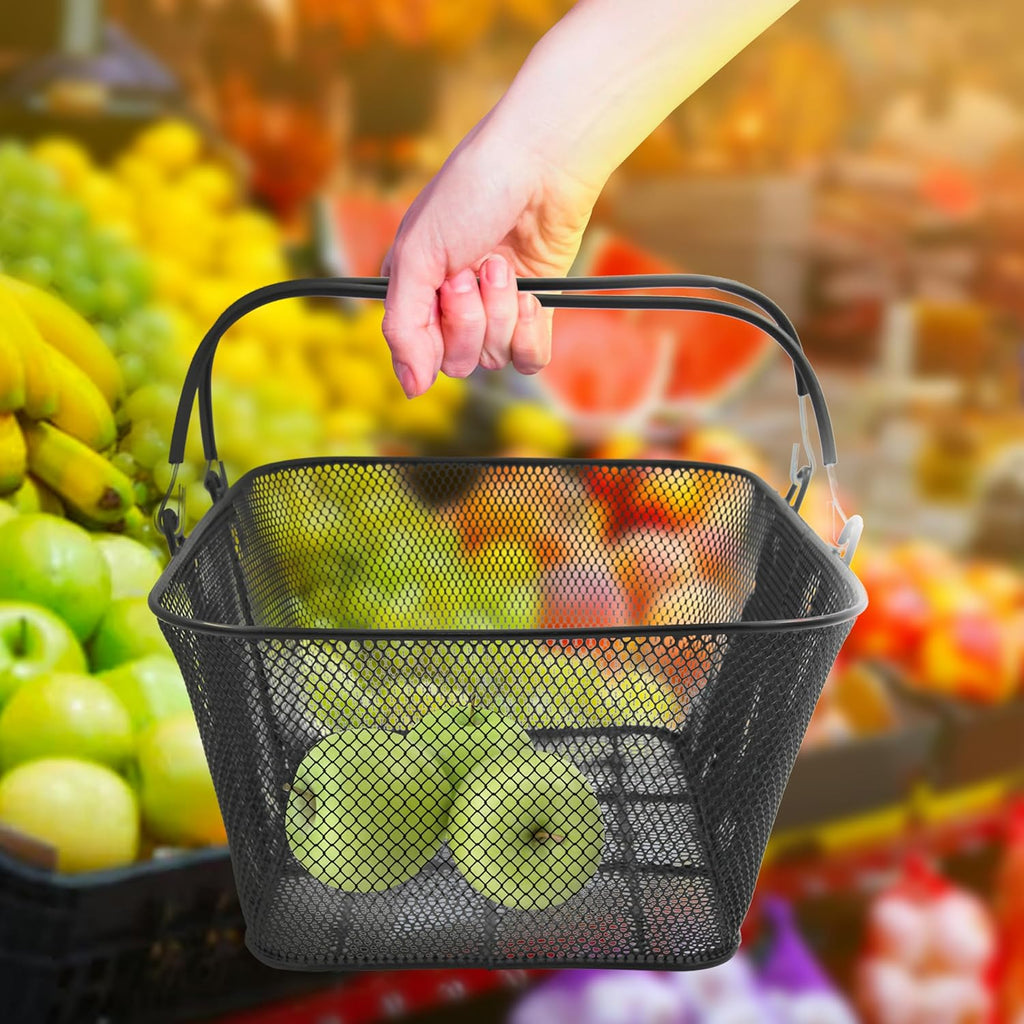 Black Metal Shopping Basket with Handles - 17”W x 12”D x 7”H - Durable and Sleek Grocery Basket for Grocery, Market