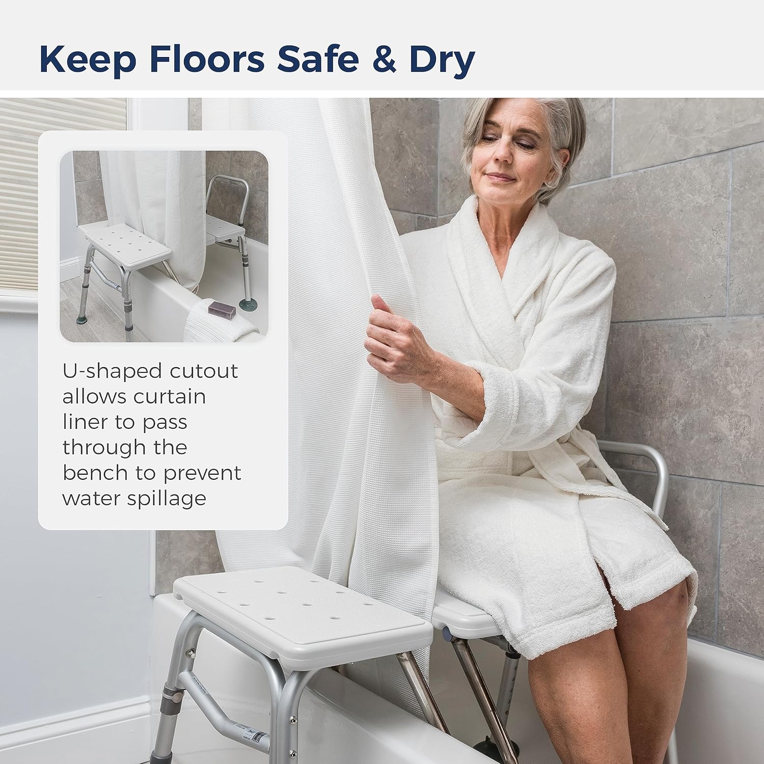 Splash Defense Tub Transfer Bench for Bathtub - U-Shaped Shower Curtain Guard - Adjustable Height - Reversible Design