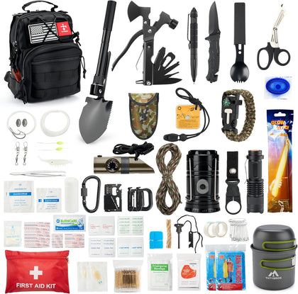 Survival Kit, 246Pcs Emergency Survival Gear with First Aid Kit, Tactical Bag, Camping Axe, Folding Shovel & Solo