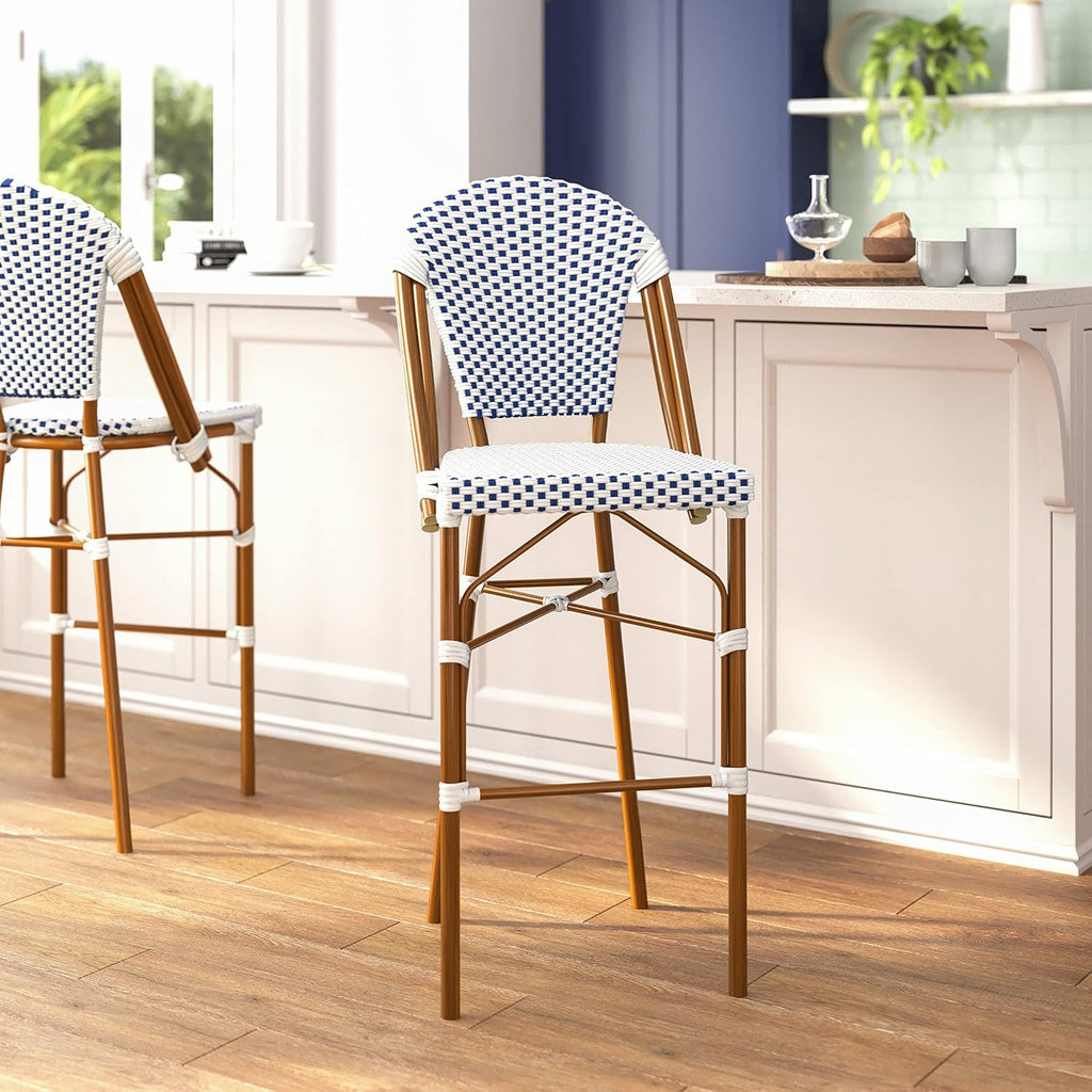 30 in Indoor/Outdoor Barstool, White/Navy, 2-Pack
