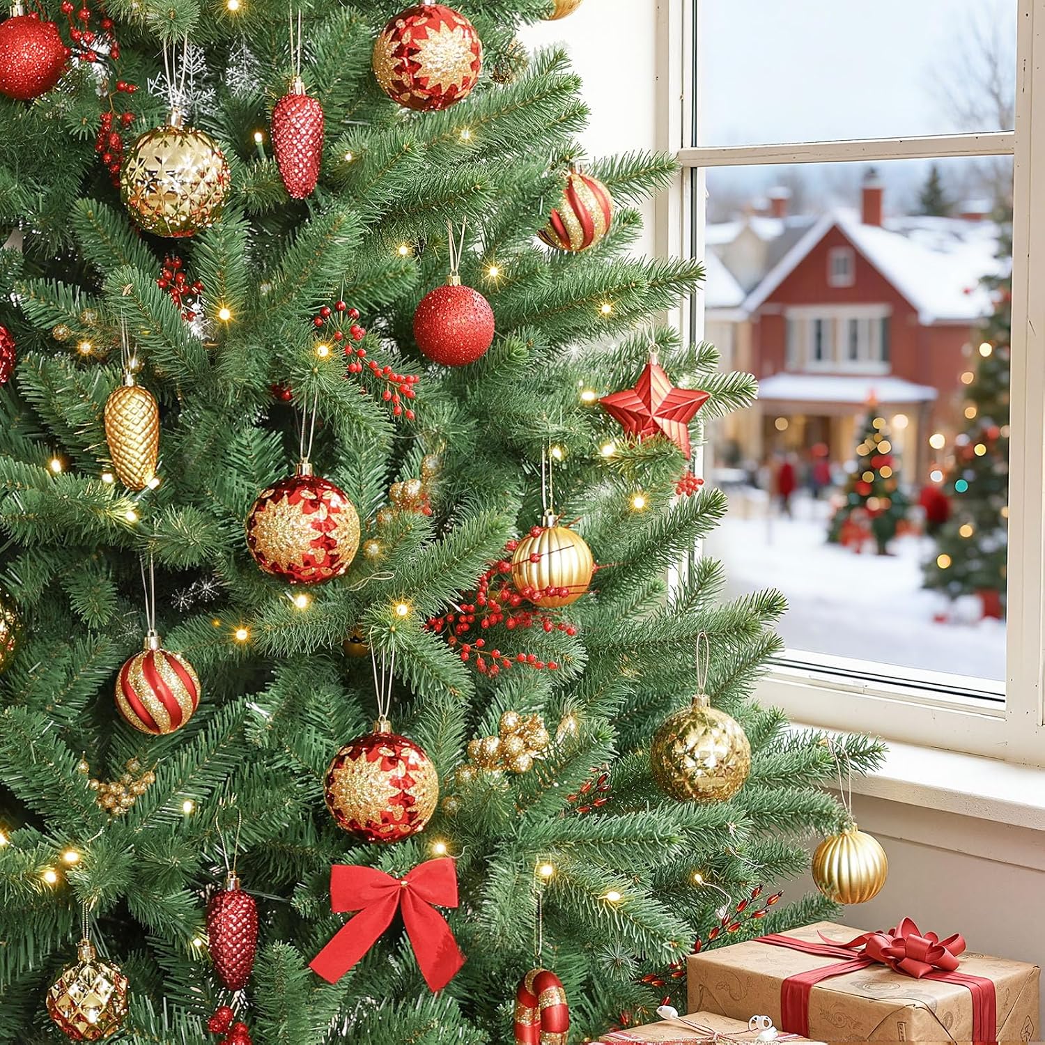 128pcs Christmas Balls Ornaments Set, Red and Gold | Shatterproof Plastic Baubles Christmas Flowers, Tree Topper &