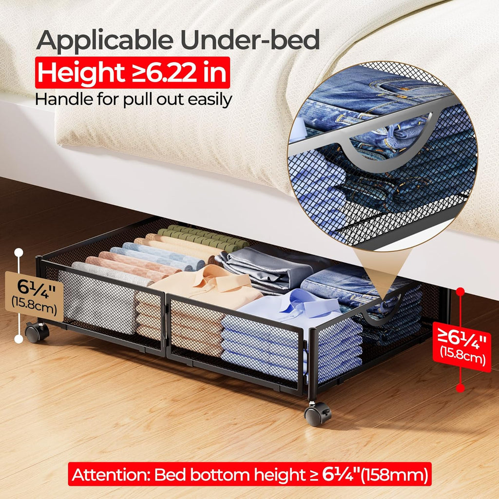 Under Bed Storage with Wheels, 4 Pack Under Bed Shoe Storage Organizer Drawer, Tool-free Assembly Metal Underbed