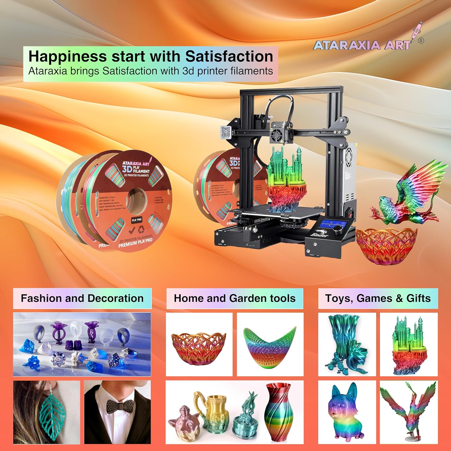 Silk Rainbow Shiny Fast Multicolor Change PLA Filament 1.75mm, Quick Random Color Change Material 3D Printing