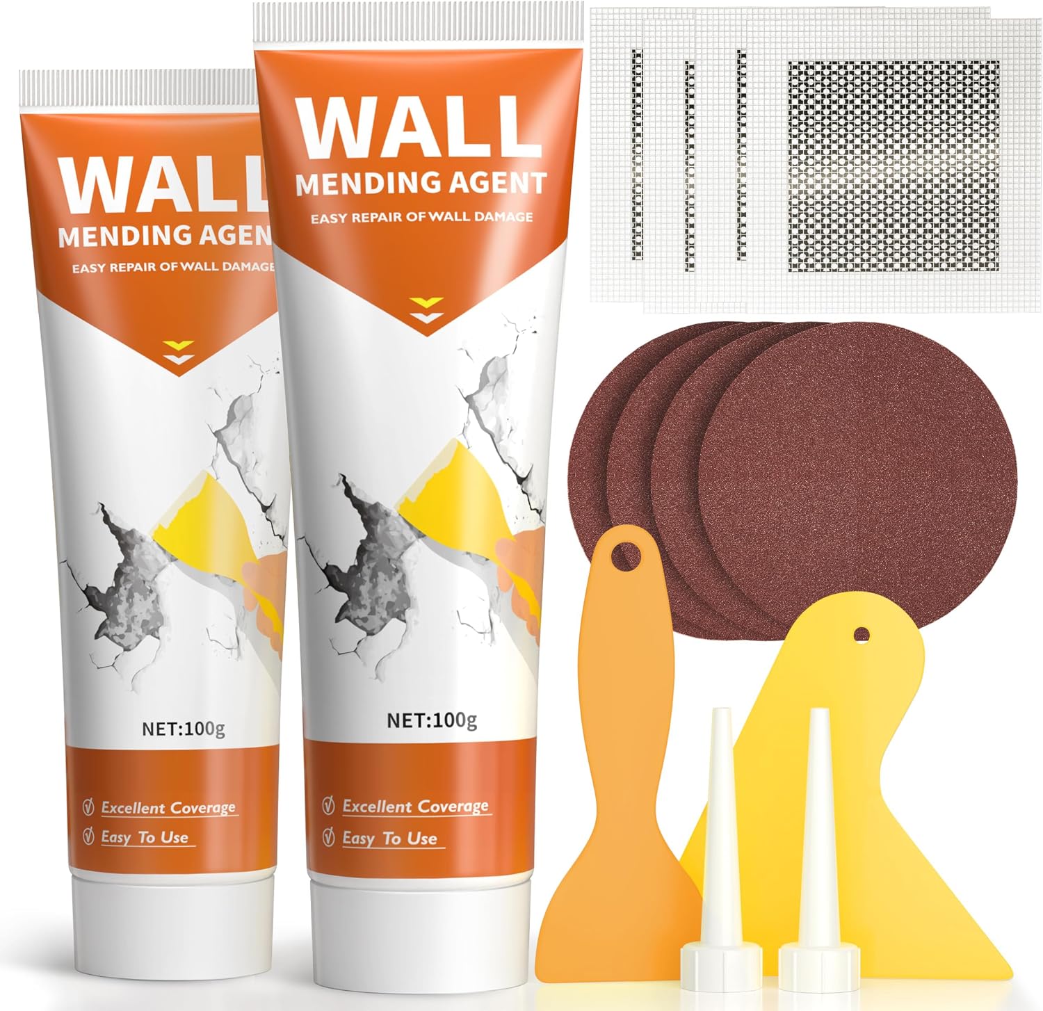 Drywall Repair Kit,2 Pack Wall Repair Paste for Wall Holes & Cracks | 4 Wall Patches,2 Scraper,4 Sandpapers,Quick
