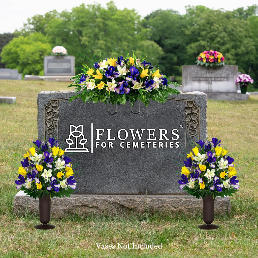Artificial Cemetery Flowers - Grave Decoration - Yellow Tulips and Purple Iris (1) Headstone Saddle (2) Bouquets