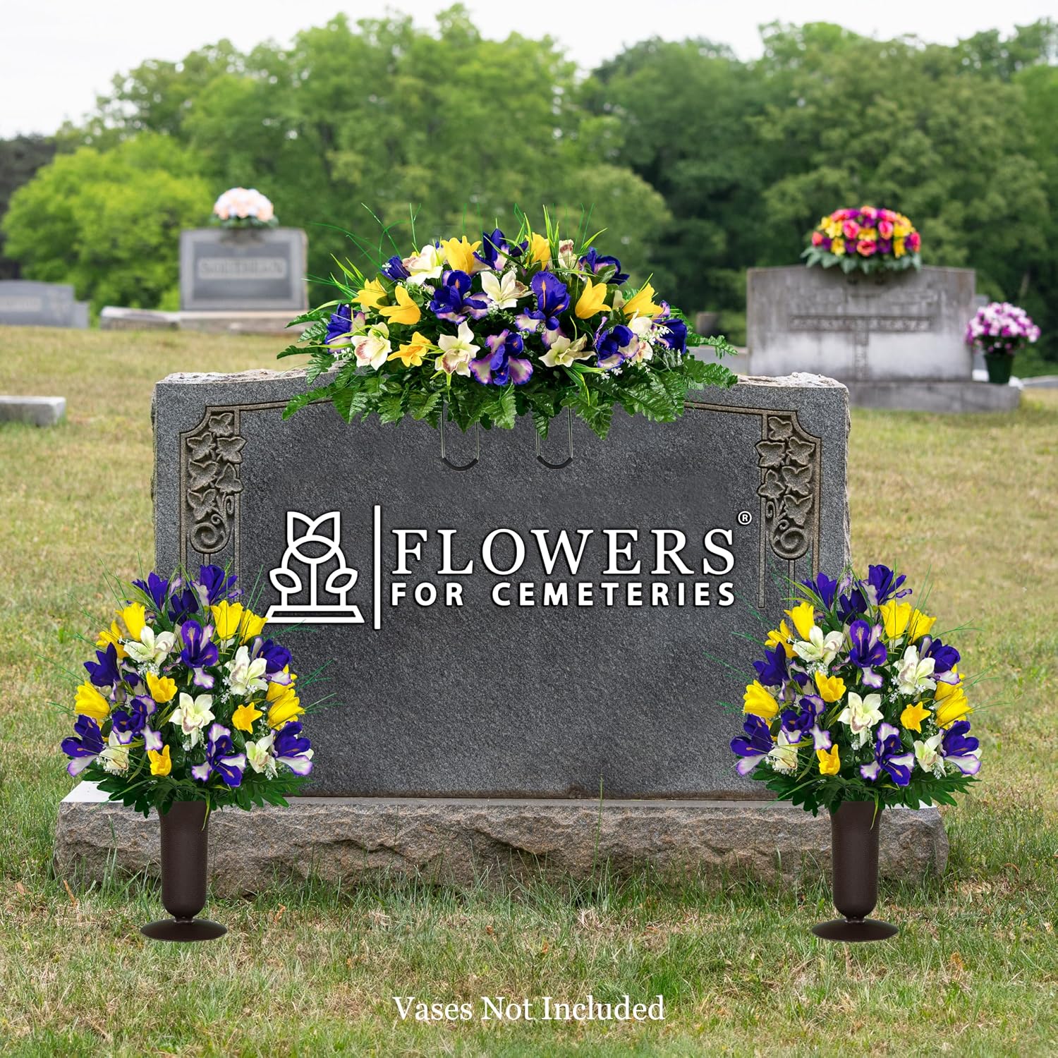 Artificial Cemetery Flowers - Grave Decoration - Yellow Tulips and Purple Iris (1) Headstone Saddle (2) Bouquets
