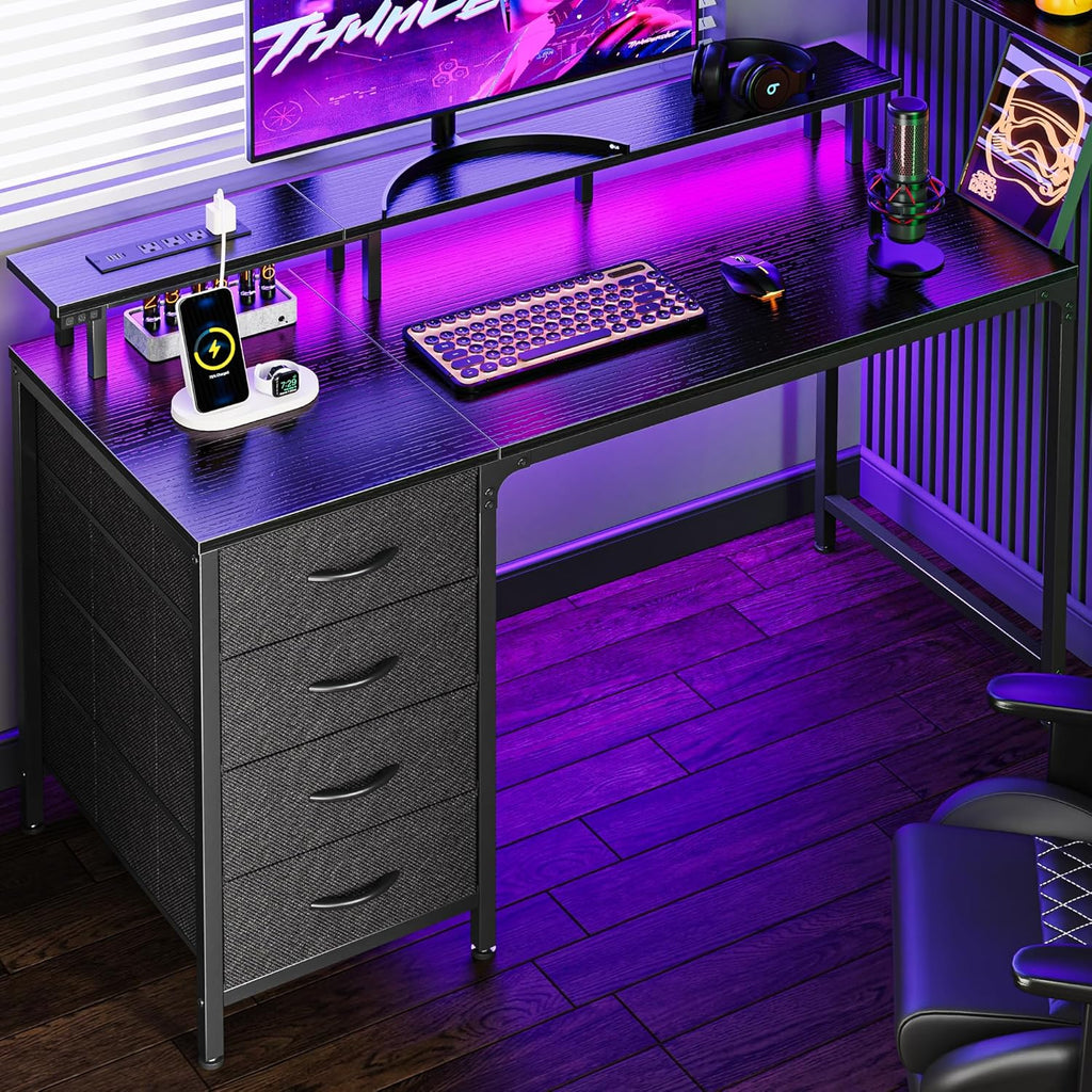 47 Inch Computer Desk with Power Outlets and LED Lights, Gaming Desk with 4 Drawers, Office Desk with Monitor Stand