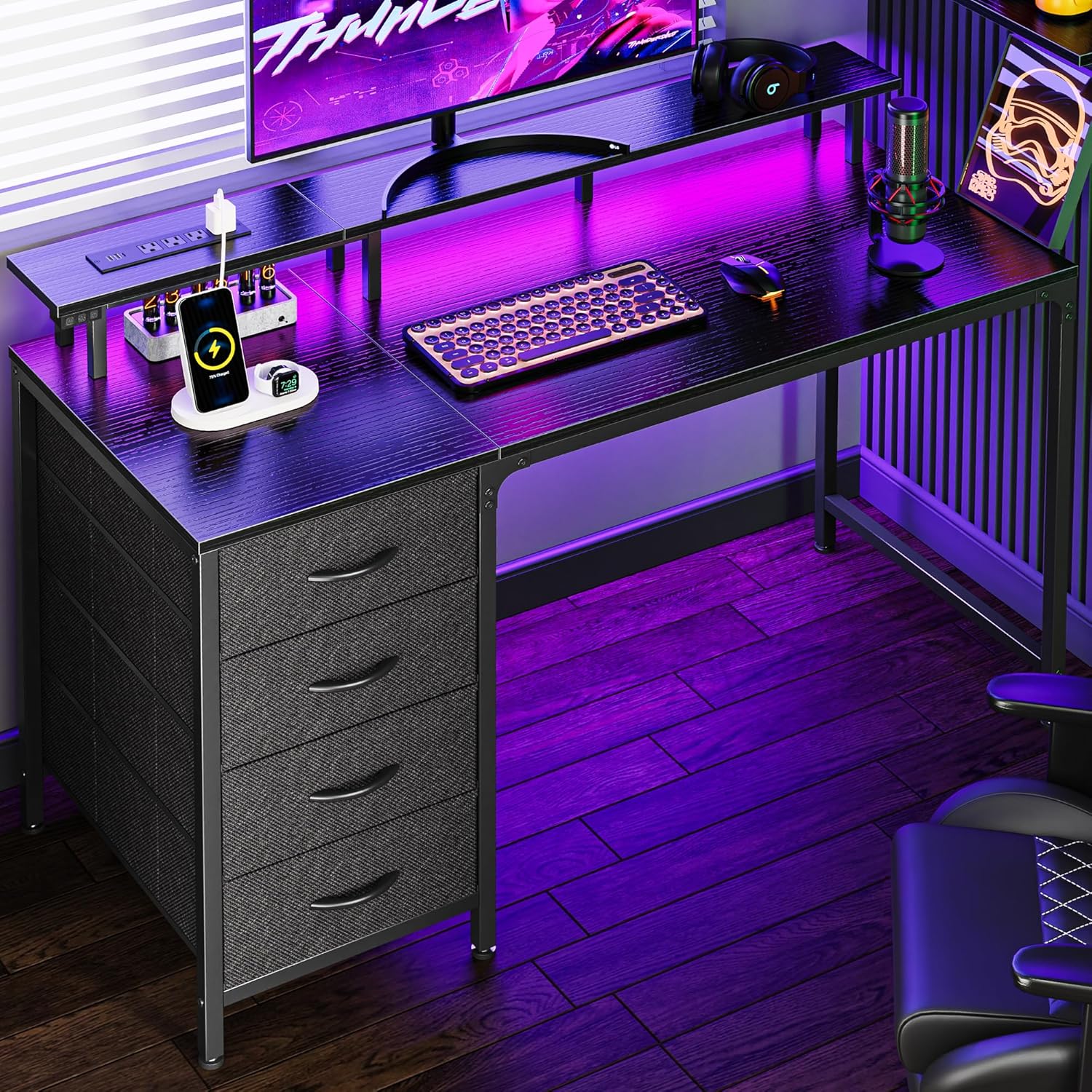 47 Inch Computer Desk with Power Outlets and LED Lights, Gaming Desk with 4 Drawers, Office Desk with Monitor Stand