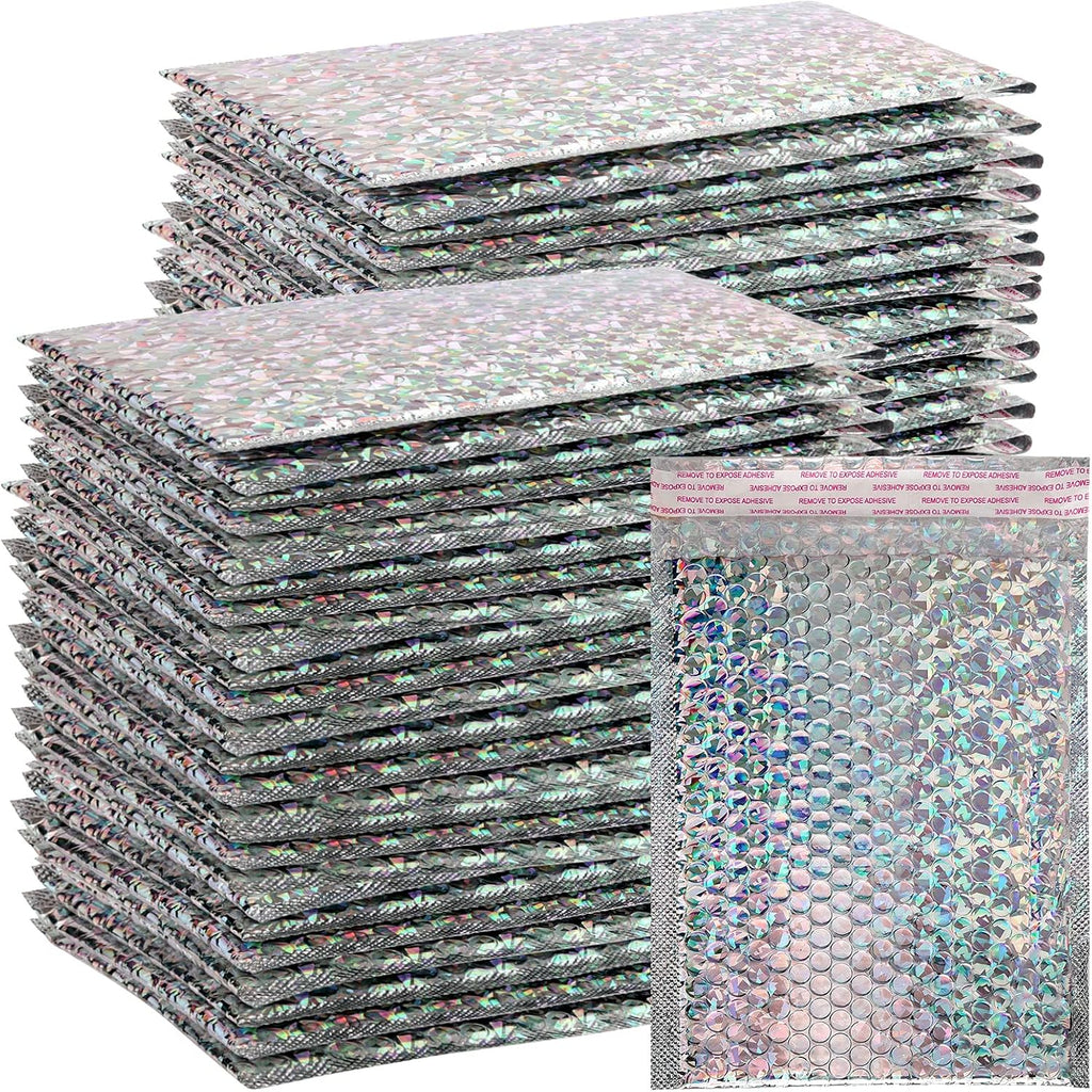 50 Pieces 6 x 10 Inch Holographic Bubble Mailers, Silver Metallic Padded Bubble Mailers, Glamour Self Sealing Cushion