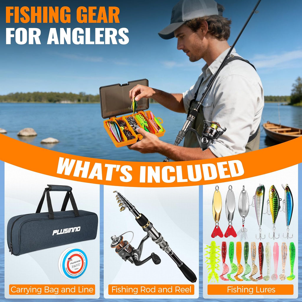 Fishing Rod and Reel Combo Pole Gear Kit Telescopic Beginner | Portable All-in-One Fishing Equipment, with Freshwater