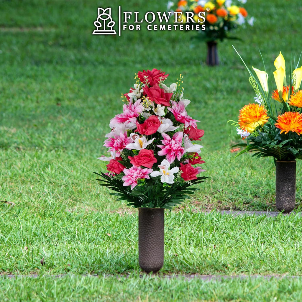 Artificial Cemetery Flowers - Gravesite Flowers - Pink Roses with White Orchids and Pink Dahlias - (1) Bouquet