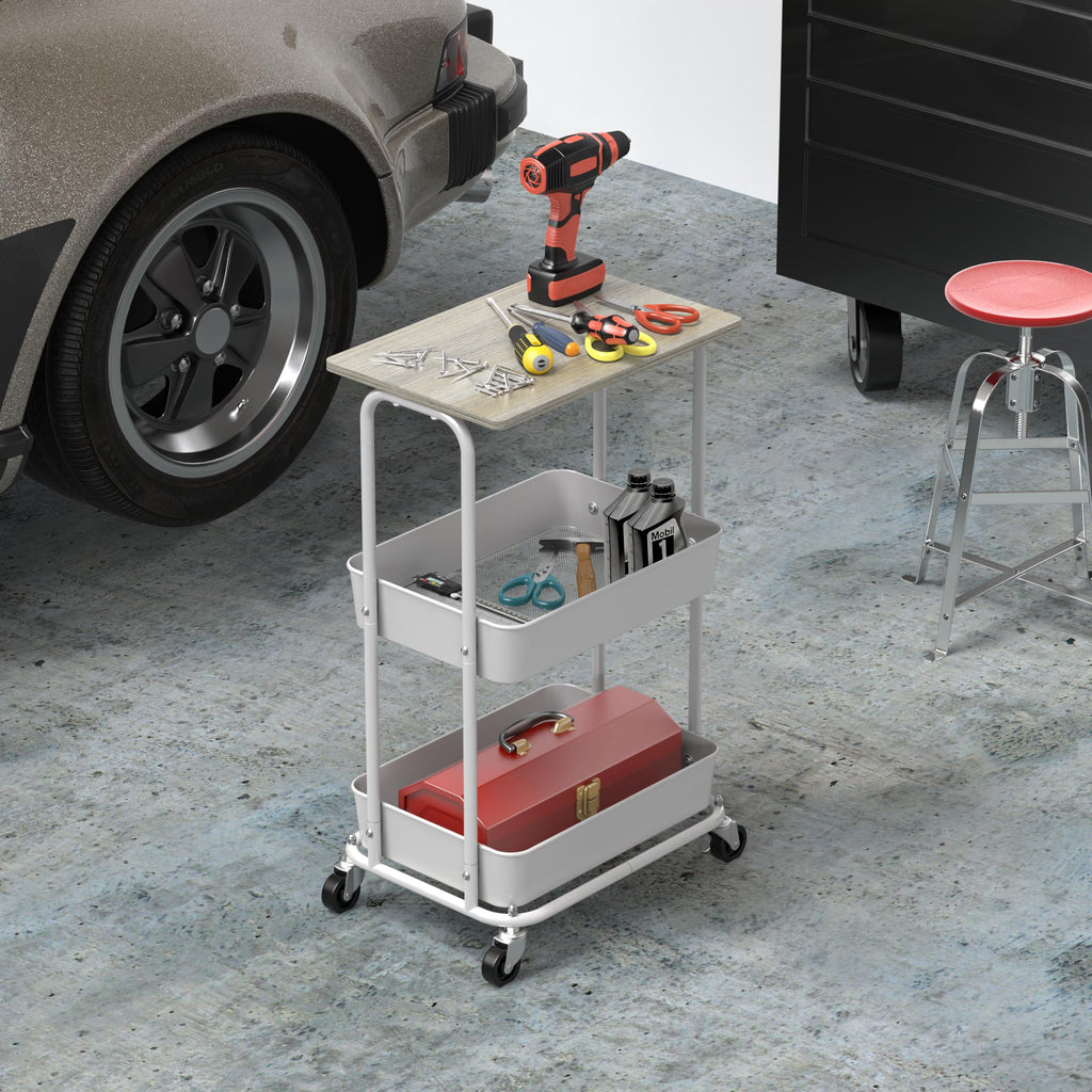 2-Tier Rolling Utility Cart Wood Top/Lockable Wheel, Maple