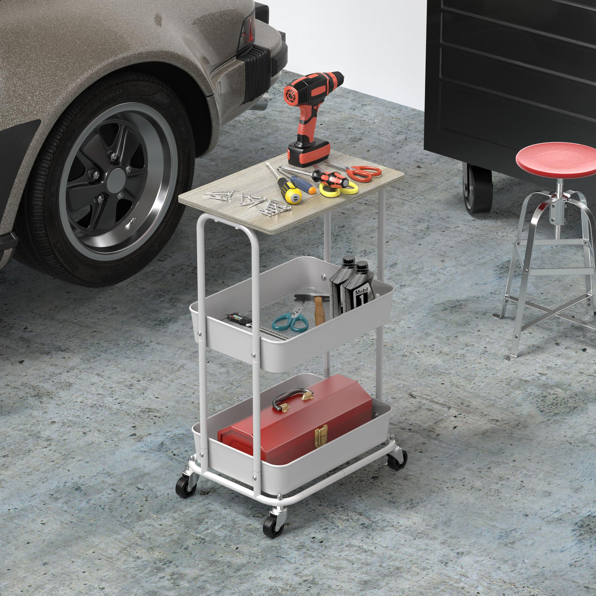 2-Tier Rolling Utility Cart Wood Top/Lockable Wheel, Maple