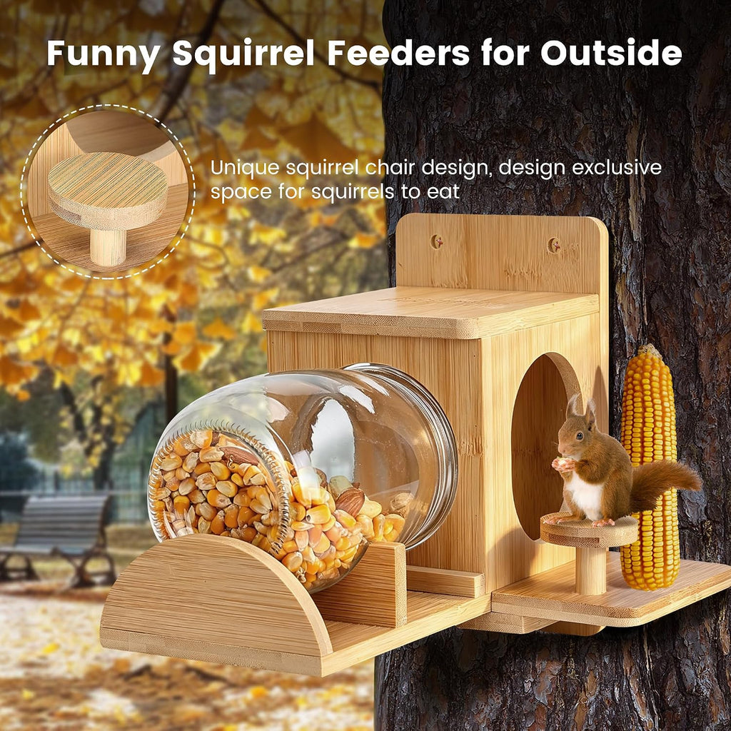 Bamboo Wood Squirrel Feeder, Outdoor Squirrel Feeders for Garden Tree, Chipmunk Feeder for Corn and Peanuts, with