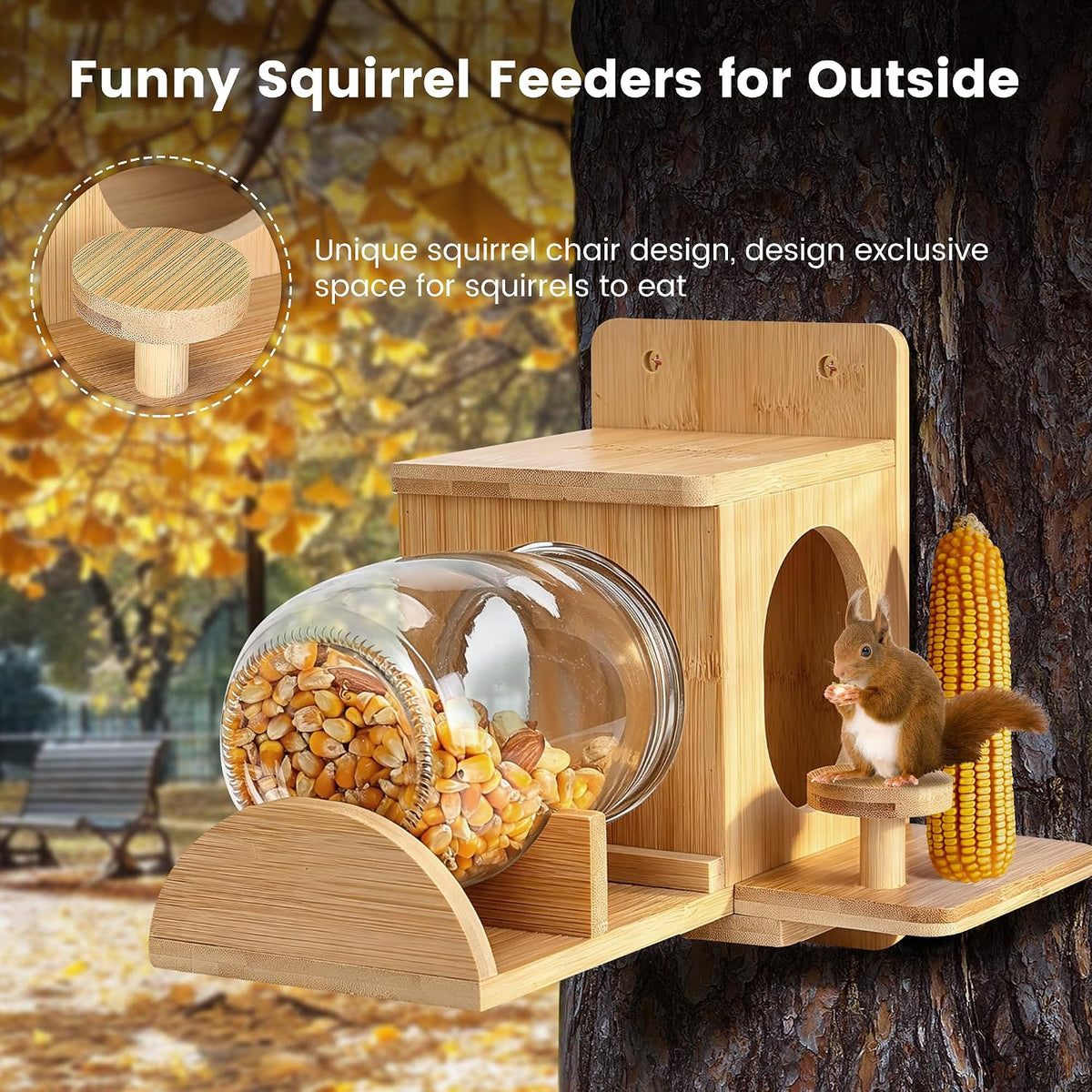 Bamboo Wood Squirrel Feeder, Outdoor Squirrel Feeders for Garden Tree, Chipmunk Feeder for Corn and Peanuts, with