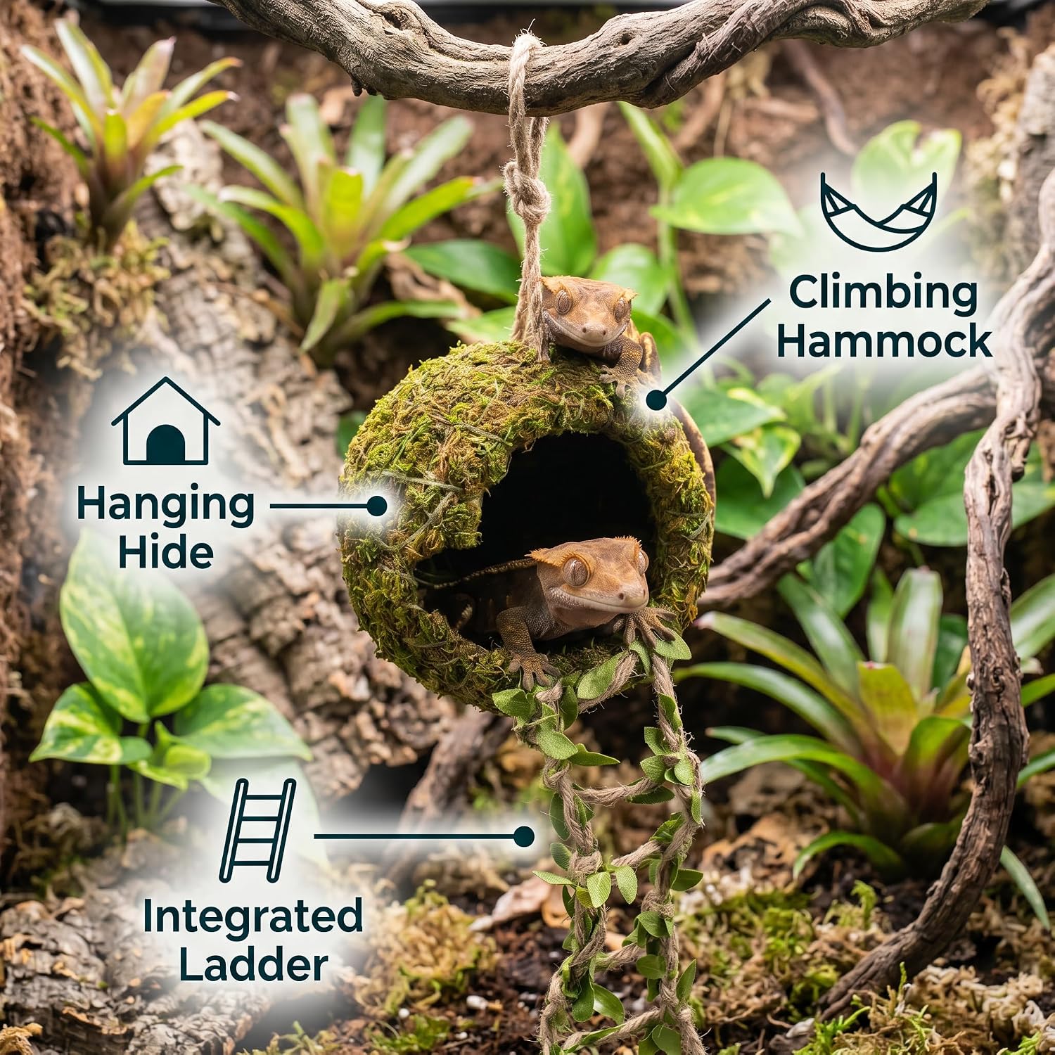 Reptile Hide with Hanging Climbing Ladder – Handmade Crested Gecko Tank Accessories, Hide for Crested Gecko, Hermit