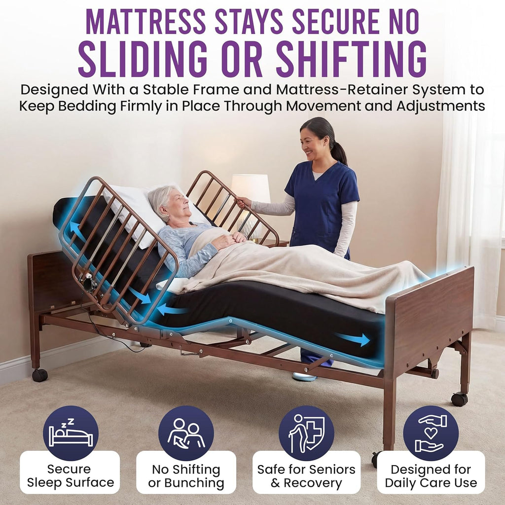 Full Electric Hospital Bed for Home Use with Foam Mattress, Half Rails - Medical Bed Set