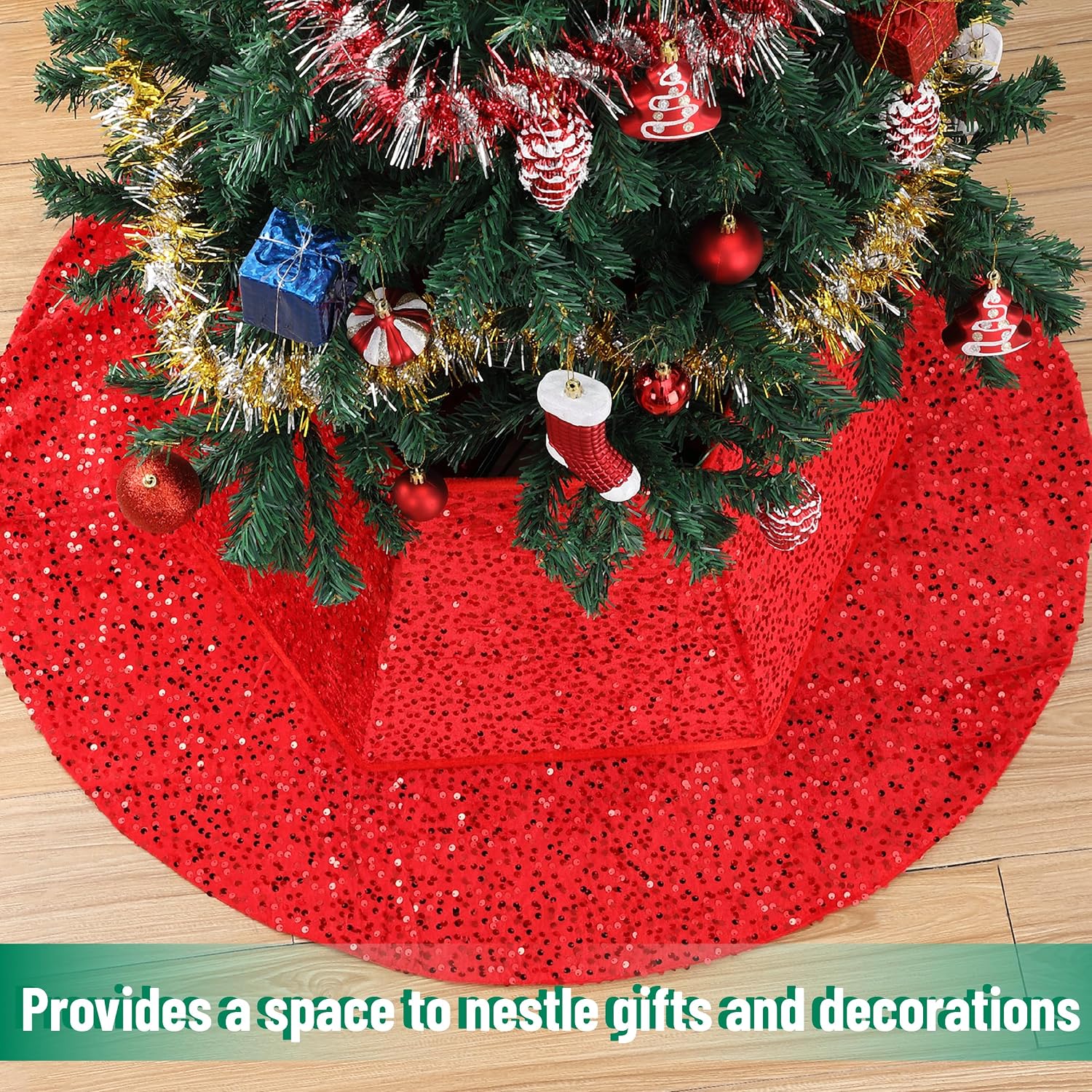 Red Sequin Christmas Tree Skirt and Tree Collar | 36 Inch Sparkly Base Cover, 24.8 Inch Foldable Sparkling Sequin