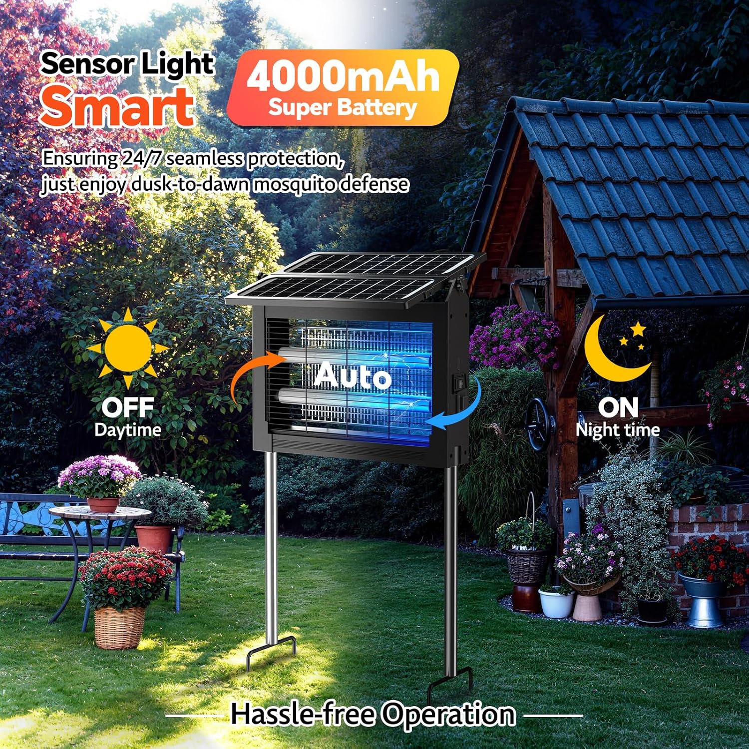 Solar Bug Zapper Dual Solar Panels, 4500V Mosquito Zapper Fly Traps Outdoor | Waterproof, Auto Mode, Portable &