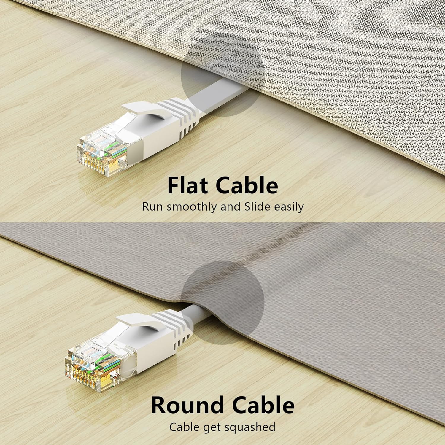 Cat6 Ethernet Cable 50FT with Clips 10Gbps Flat Network Cable, White | 1FT 3FT 5FT 10FT 15FT 20FT 25FT 30FT 35FT 60FT