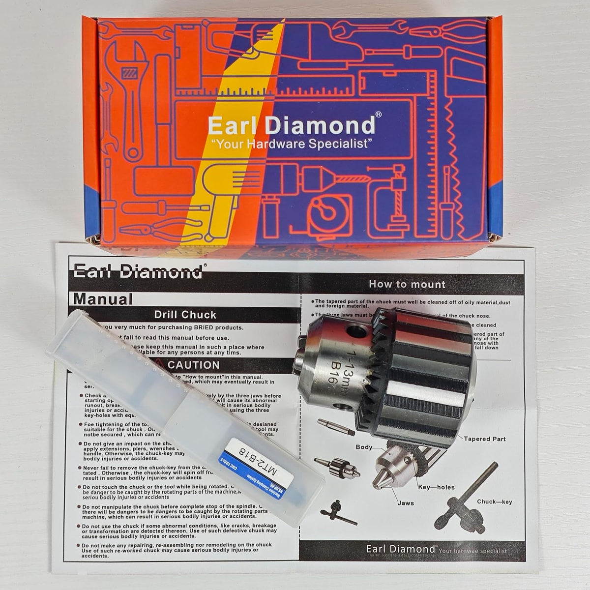 Earl Diamond Super Heavy Duty 5/8" (16mm) Drill Chucks with K32 Chuck Key and MT2 Shank | #2 Morse Taper Arbor (B18)
