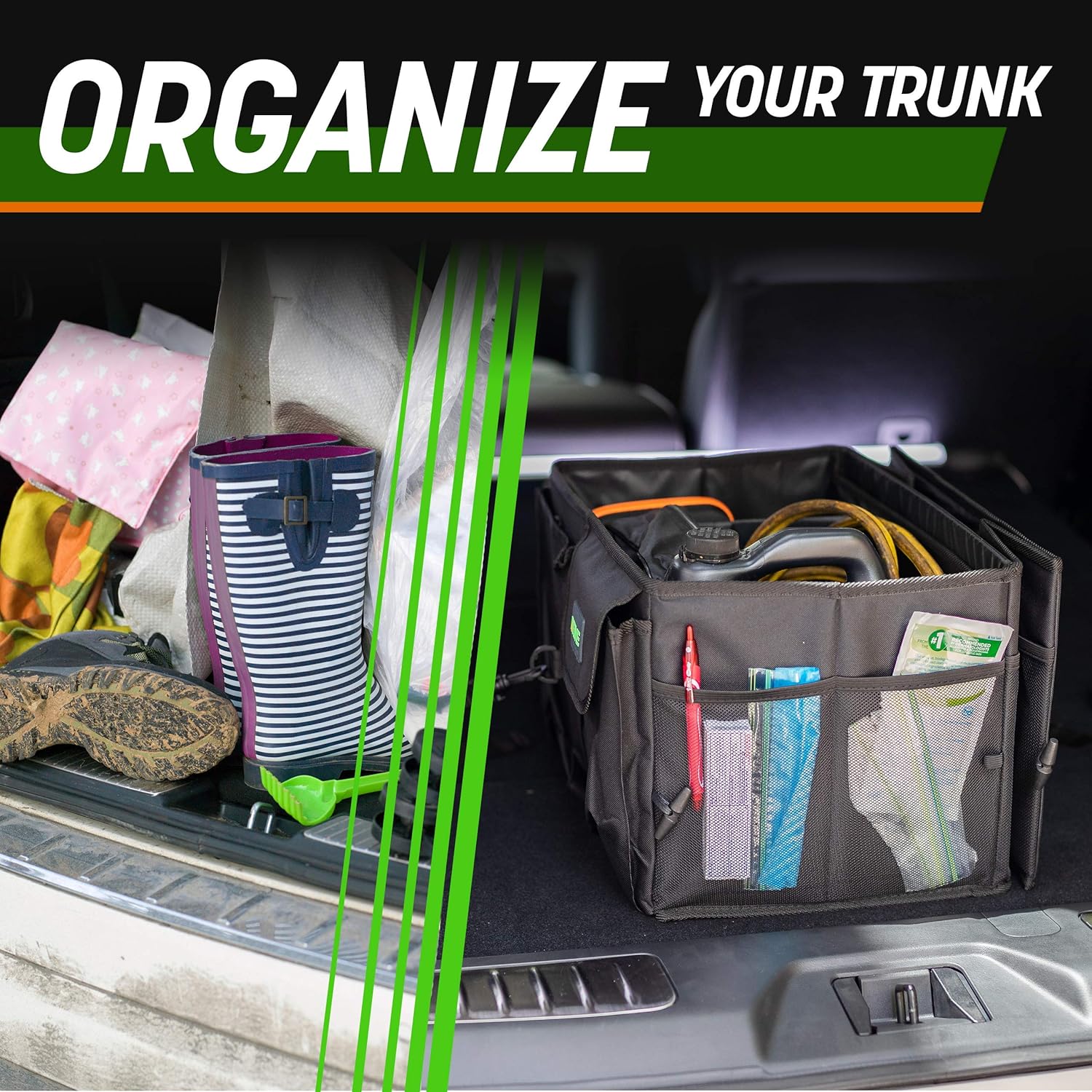 Car Trunk Organizer - Collapsible, Multi-Compartment Automotive SUV Car Organizer for Storage w/Adjustable Straps