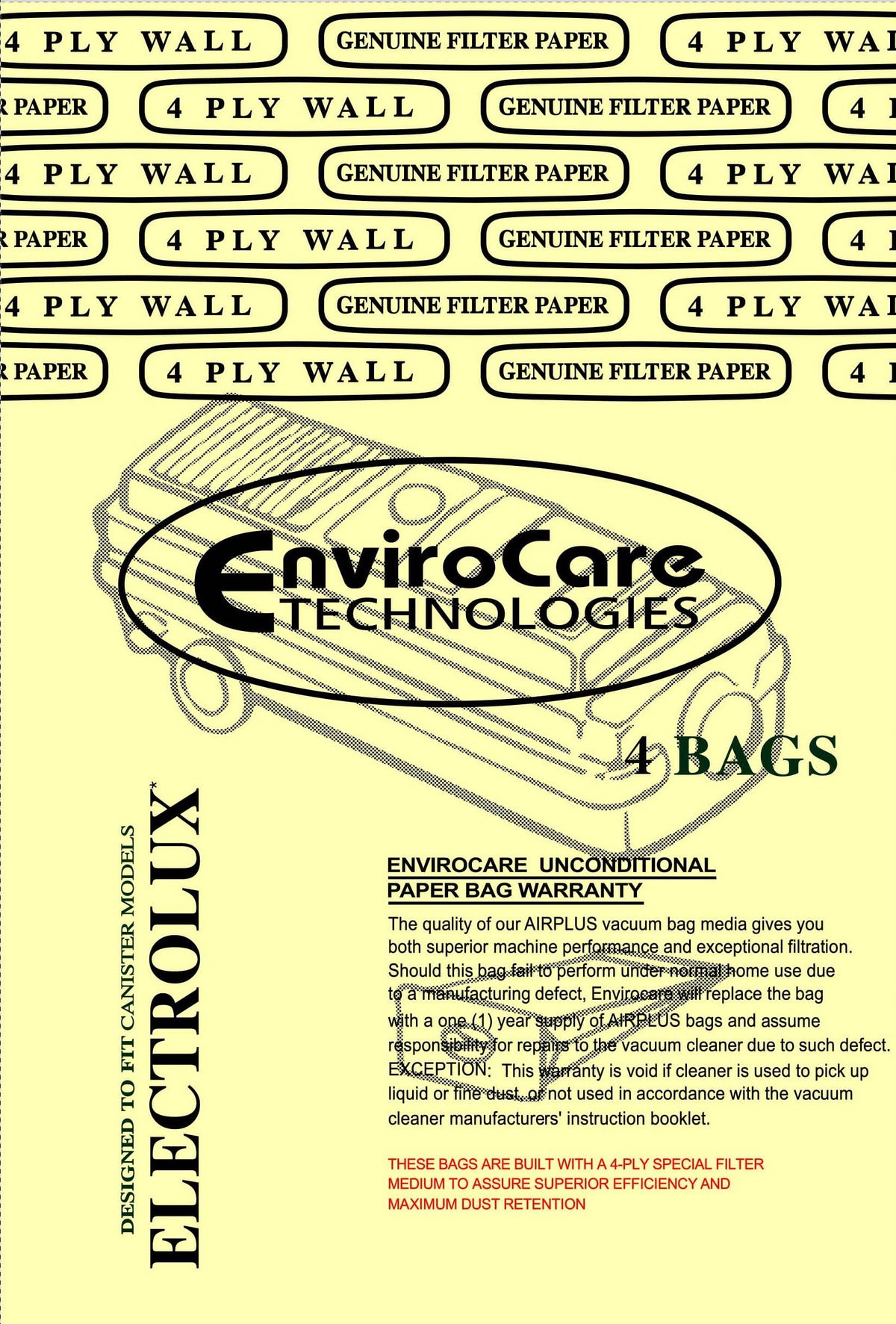 EnviroCare Replacement 4 Layer Filtration Vacuum Cleaner Dust Bags made to fit Vacuum Bags for Electrolux Canisters - Style C 4 Bags